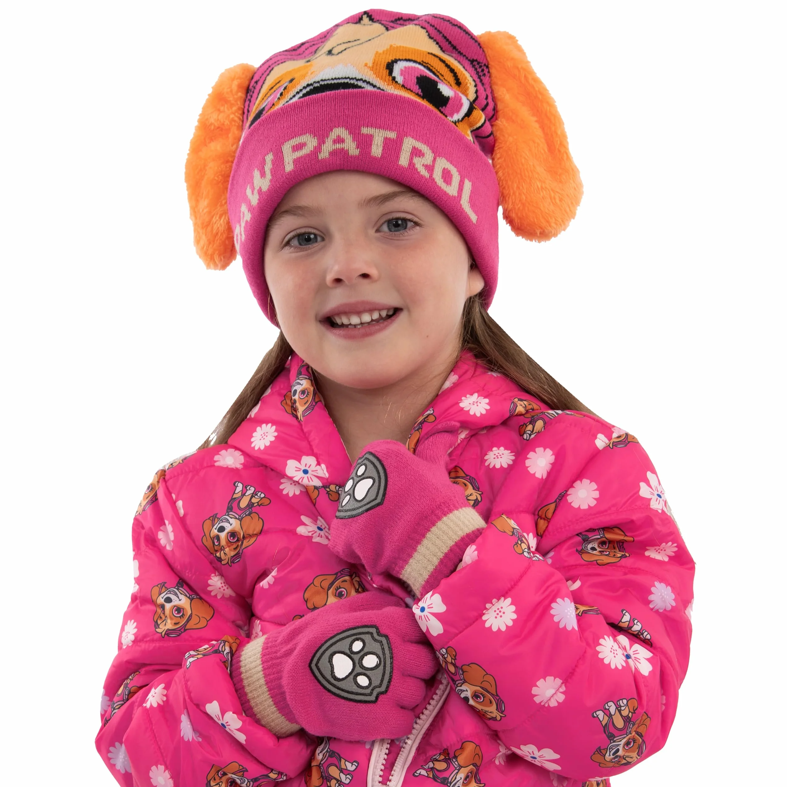 PAW Patrol Zestaw Czapka i Rękawiczki dla Dzieci, Skye Dziewczęca Czapka i Rękawiczki z Uszami 3D, Różowa, Rozmiar Uniwersalny