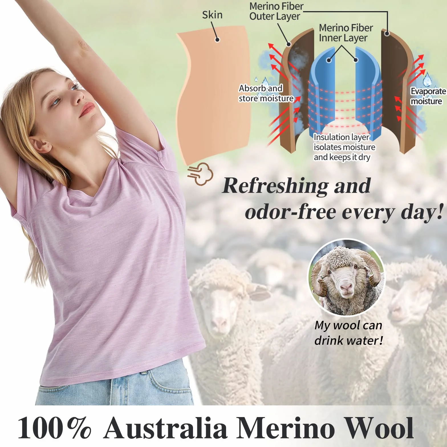 Merino Protect 100% Wełna Merino Damska Koszulka Z Dekoltem V Krótki Rękaw Antyodorowa Do Trekkingu