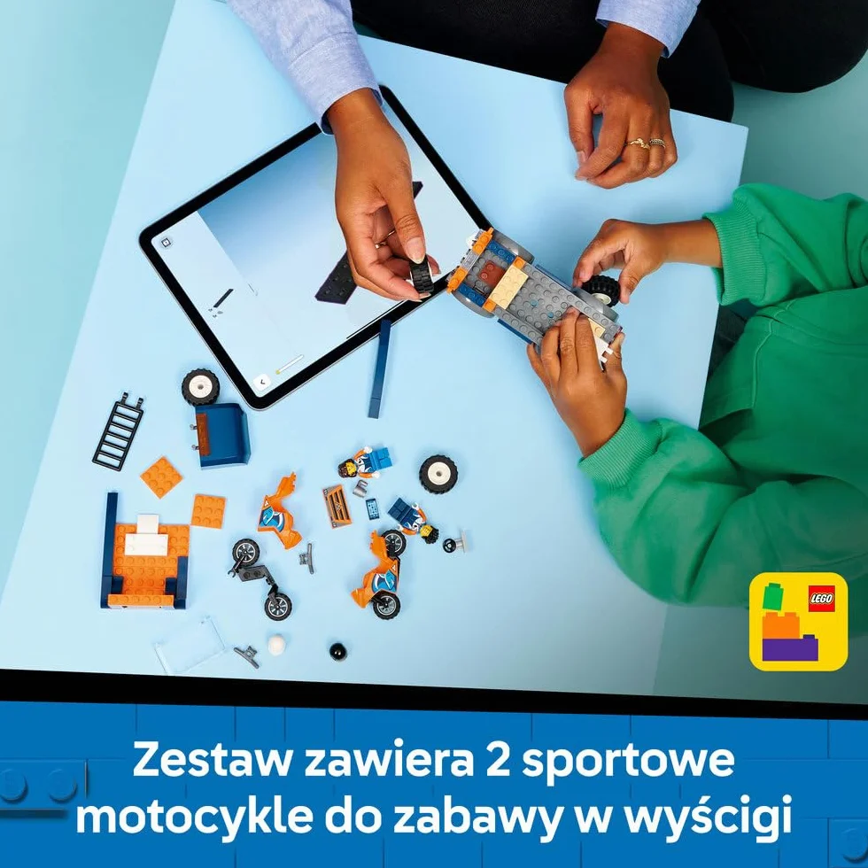 LEGO City Laweta dla motocykli, zabawka dla dzieci z dwiema minifigurkami i ciężarówką, klocki dla 4-latka, pomysł na prezent dla chłopca i dziewczynki na urodziny, łatwe budowanie 60491