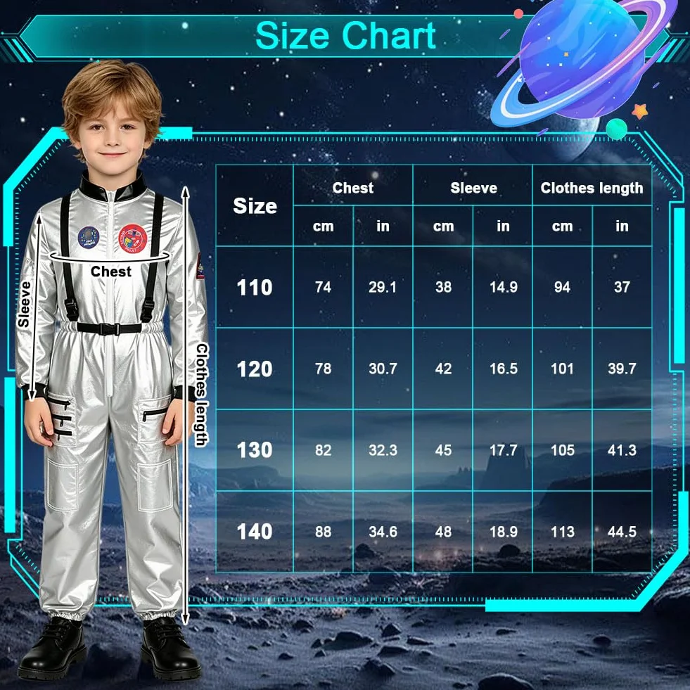AUYAO Kostium dla dzieci unisex astronauta, dziecięcy srebrny kostium astronauta, kostium kosmiczny dla chłopców i dziewcząt na karnawał Halloween Boże Narodzenie Cosplay (3-12 lat)