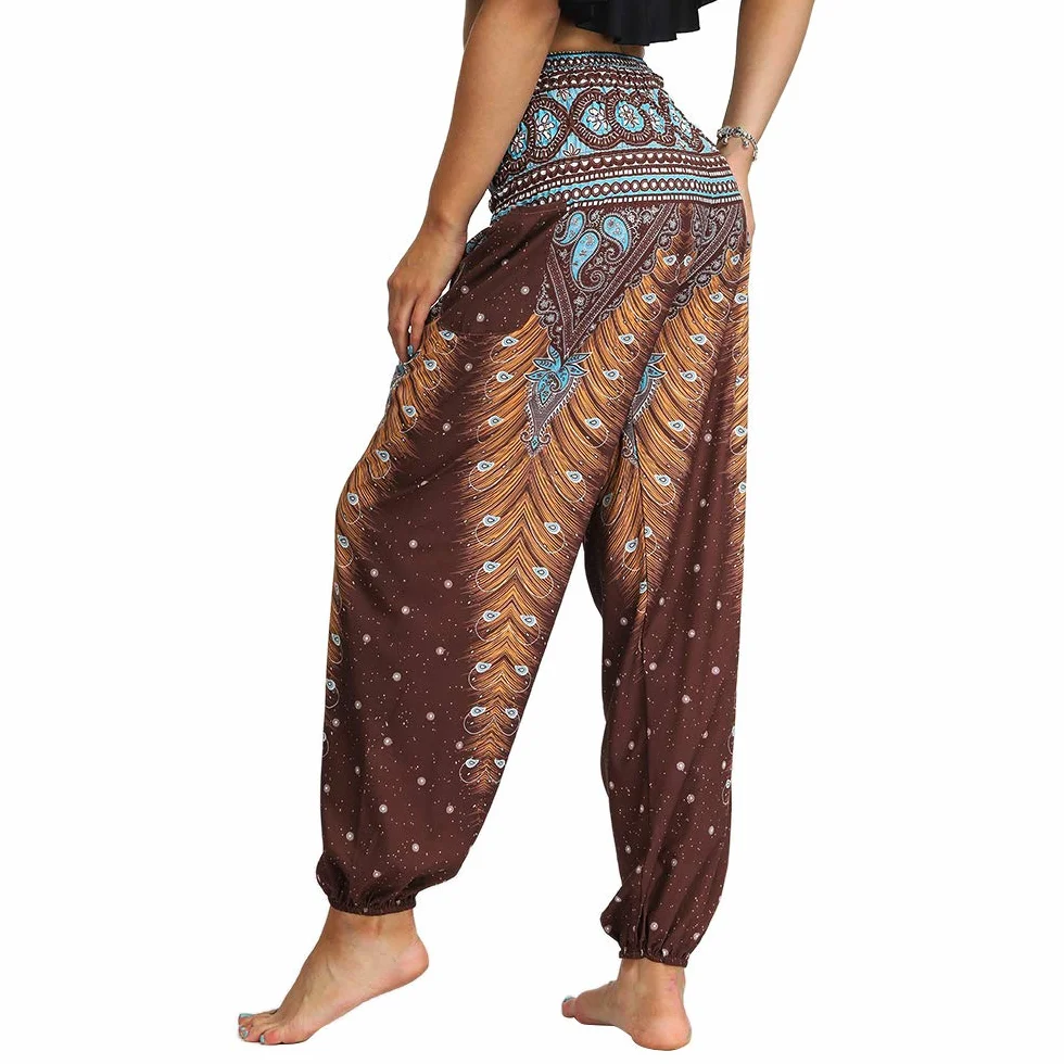 Nuofengkudu Damskie spodnie haremki hippie z kieszeniami spodnie do jogi
