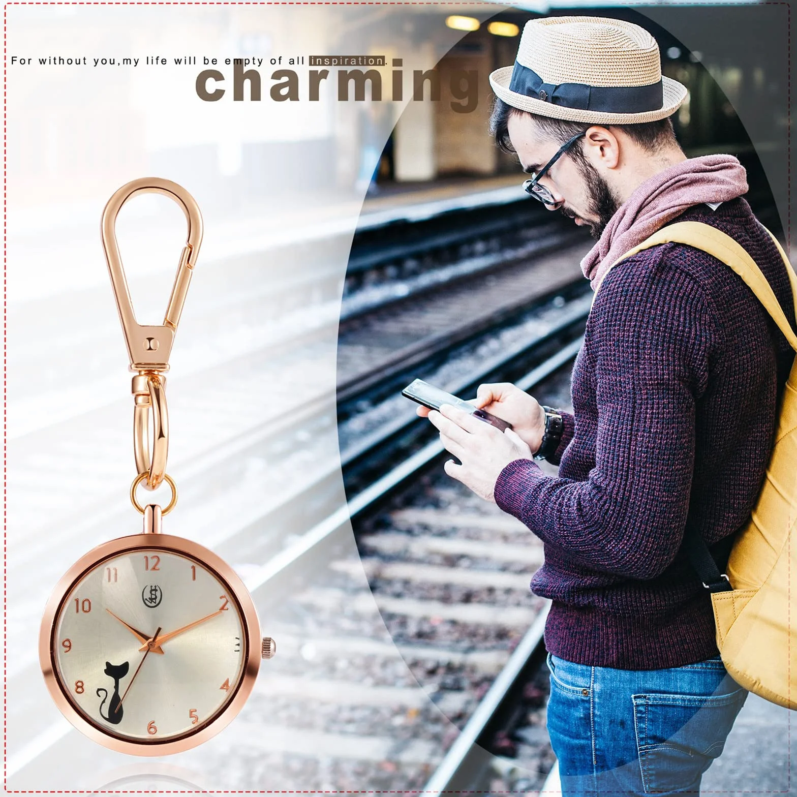JewelryWe Nowość breloczek zegarek uroczy kot zwierzę brelok kwarcowy zegarek kieszonkowy FOB Clip-on Watch, dla mężczyzn kobiet, a, Nowoczesny
