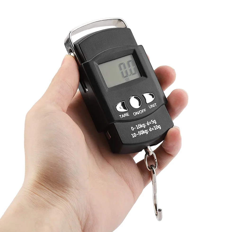 50KG/10G Waga Rybna, Elektroniczna Waga z Taśmą Mmeasure Przenośna Elektroniczna Cyfrowa Waga LCD z Hakiem na Taśmę Mierniczą do Torby na Sprzęt, Bagażu, Bagażu
