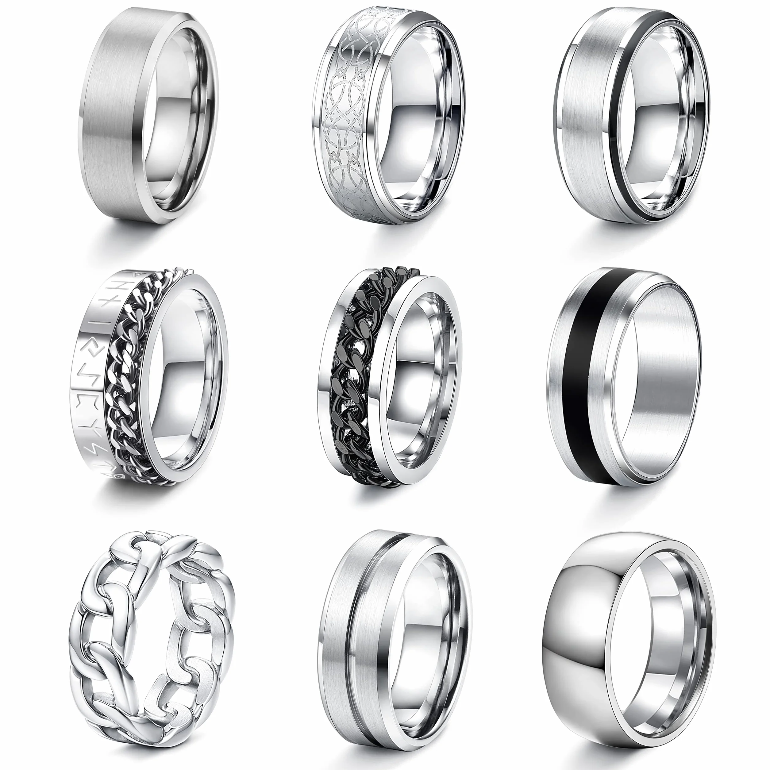 CASSIECA 12Pcs Pierścionki Męskie Srebrny Stal nierdzewna Zespół Otwieracz do butelek Pierścienie Przymierza Ślubne Pierścionek zaręczynowy Vintage Fidget Pierścień dla Mężczyzn Kobieta Urodziny