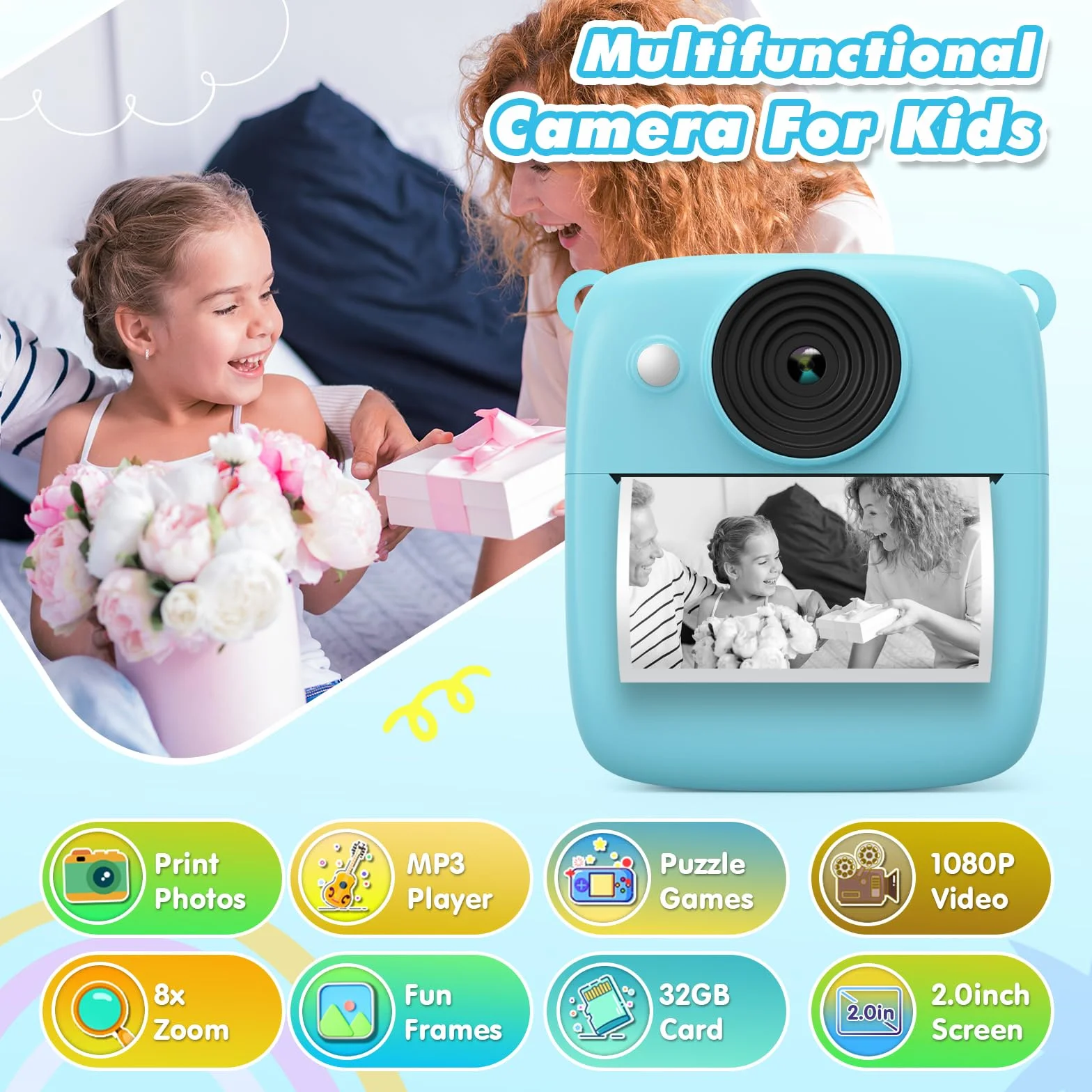 CalineGam Aparat do natychmiastowego druku dla dzieci, 48 MP Dziecięce Cyfrowe Kamery Wideo z Kartą 32 GB i Papierem Fotograficznym, Prezenty dla dziewczynek w wieku 3-12 lat i chłopców (Niebieski)