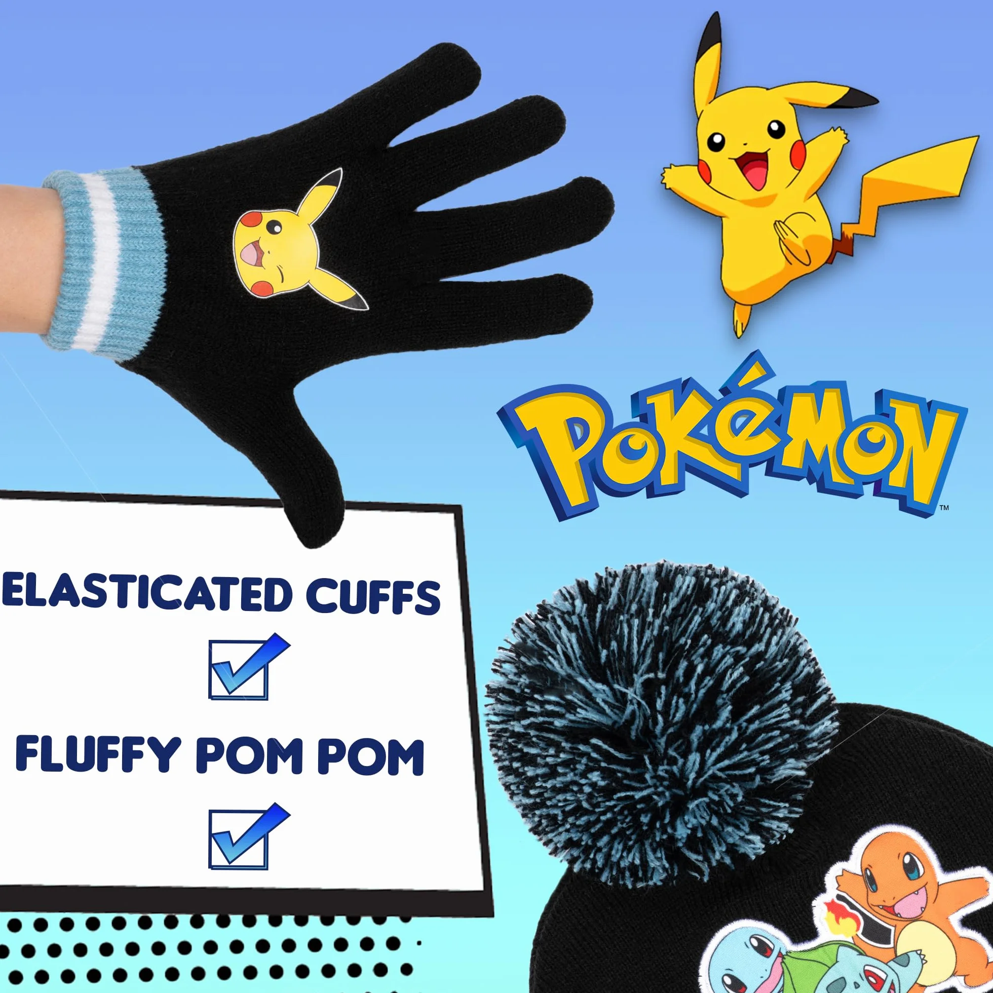 Pokemon Zimowa ciepła i wygodna czapka beanie i rękawiczki zestaw dla chłopców - wzór pikachu - idealny dla chłopców w wieku 6-12 lat - zestaw upominkowy
