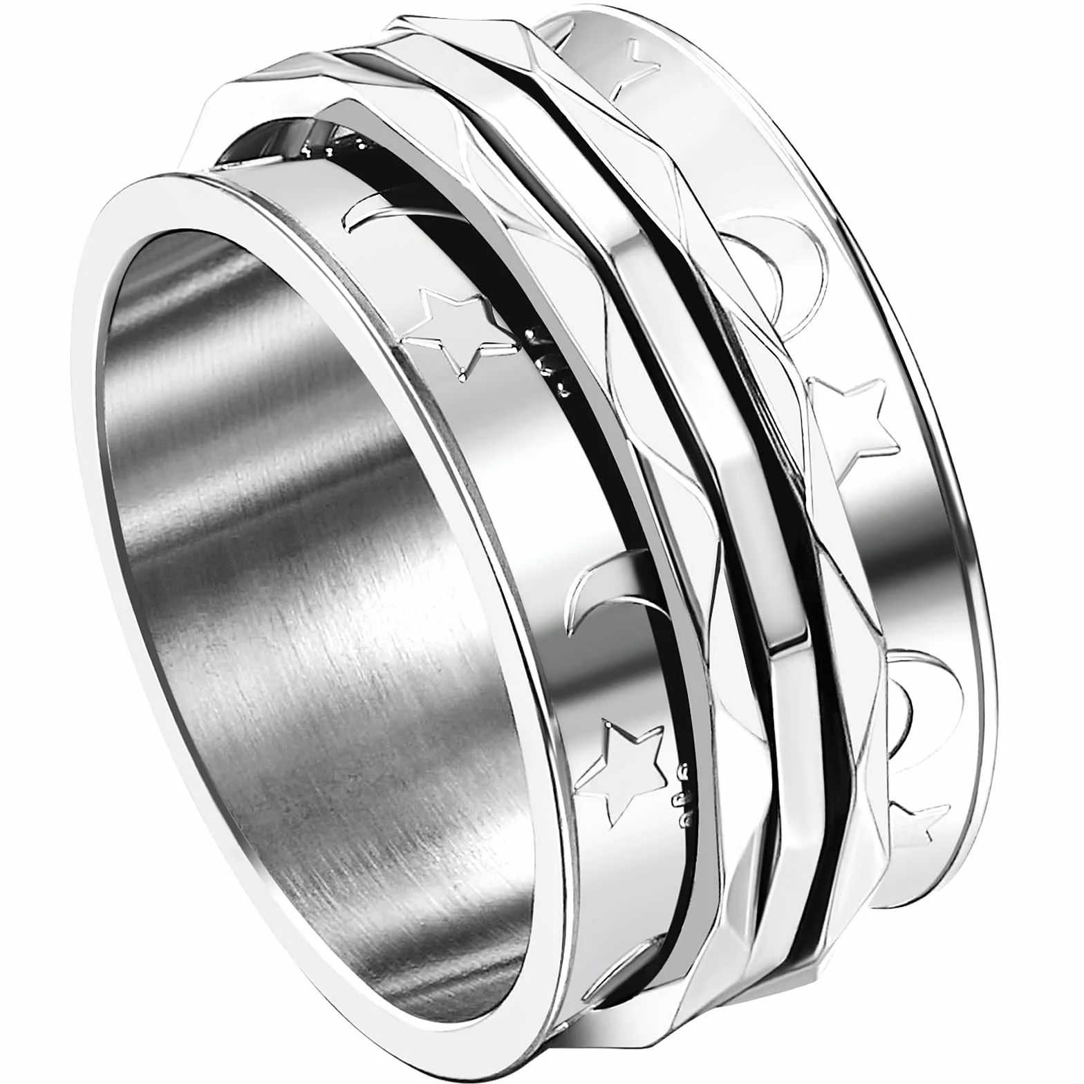 JewelryWe Retro Fidget Spinner Pierścień Damski Wzór Księżyca i Gwiazdy Obrotowy Przeciwlękowy Pierścień Ze Stali Nierdzewnej