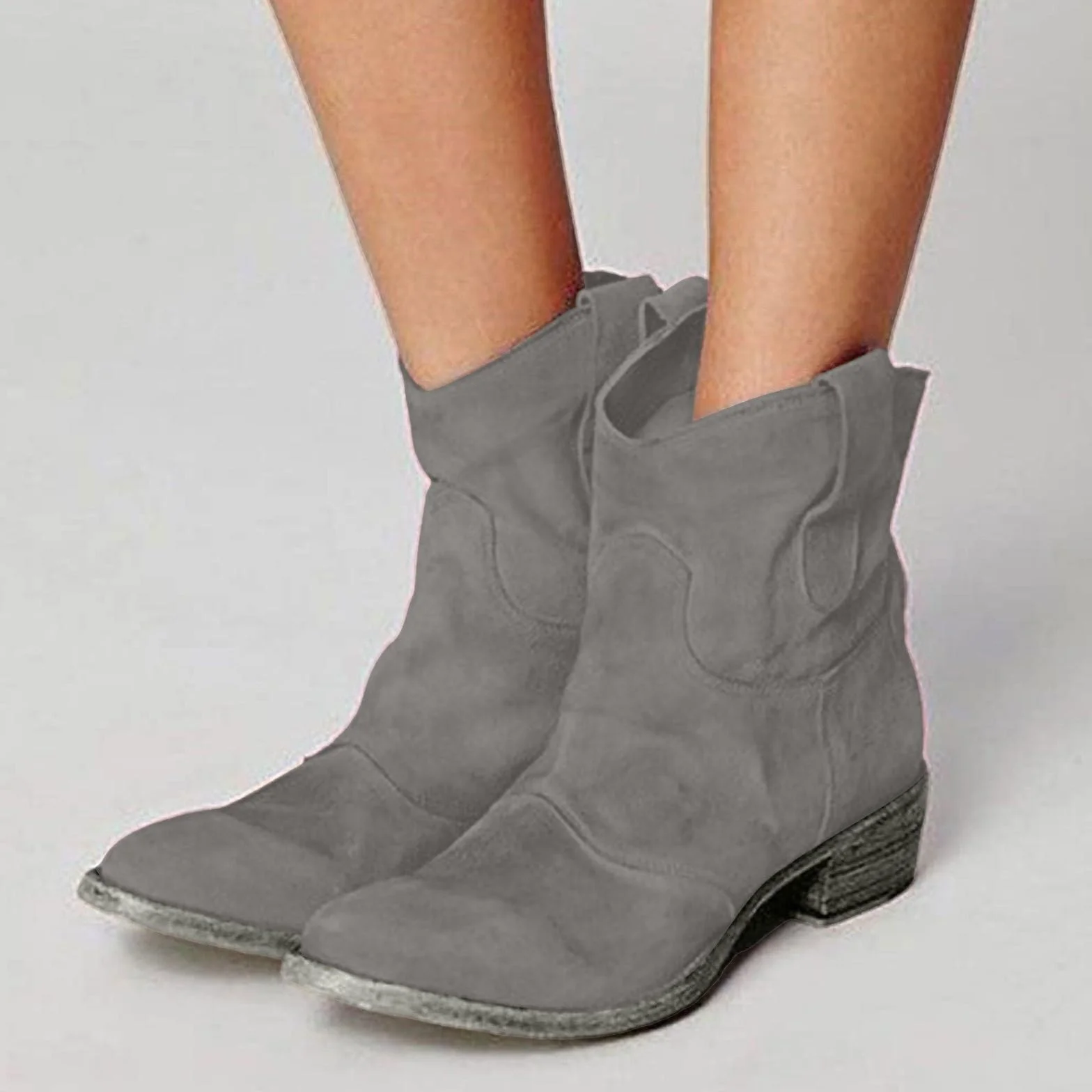 Damskie buty kowbojskie z obcasem, zamszowe, retro, kowbojskie buty z krótką cholewką, półwysokie, wygodne, eleganckie, na jesień i zimę
