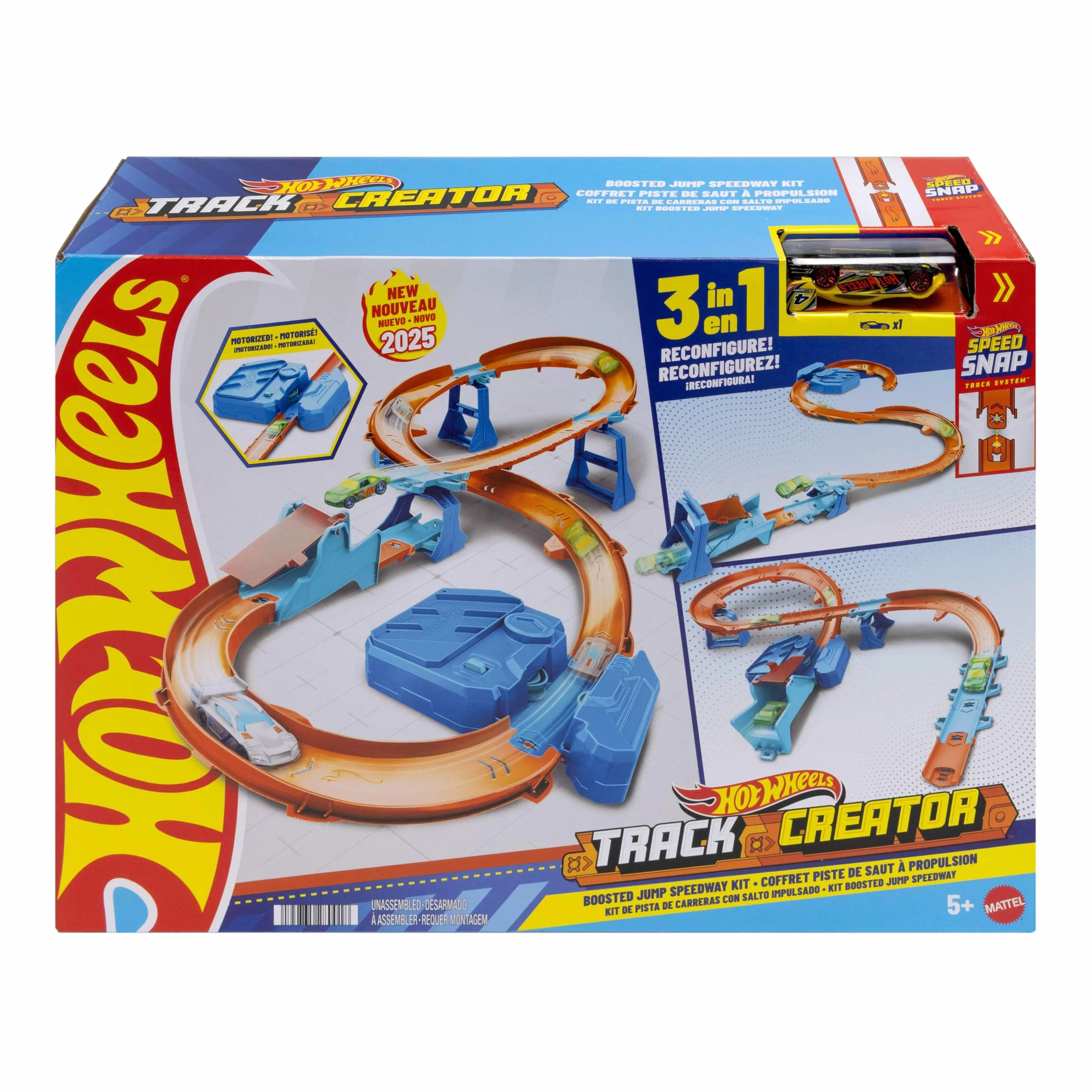 Hot Wheels Track Creator Tor wyścigowy Super skok Zestaw deluxe z przyspieszaczem z napędem + samochód do zabawy w skali 1:64; tor Speed Snap Szybki klik, zabawka dla dzieci 5+, JDB49