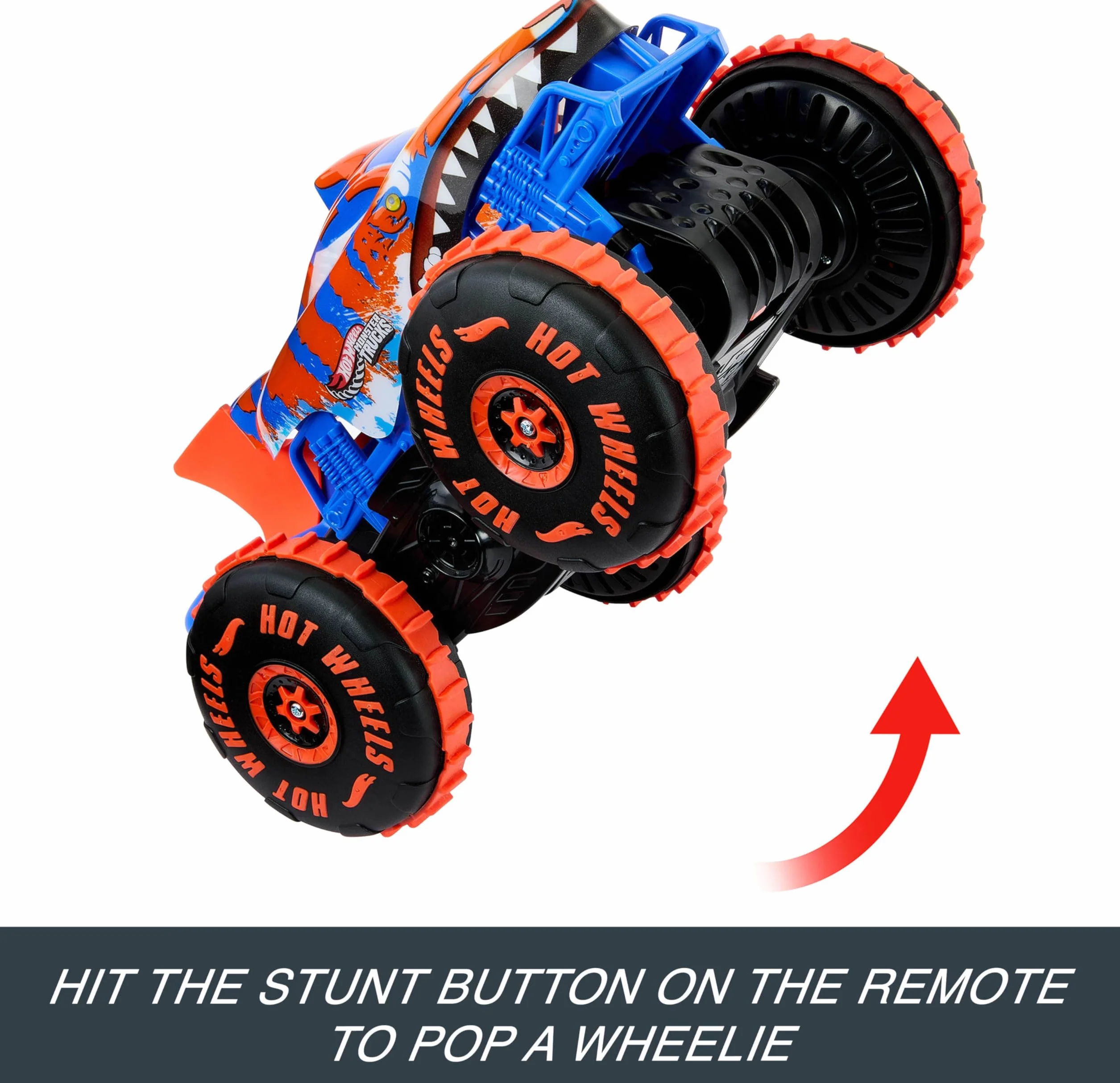 Hot Wheels Monster Trucks RC Tiger Shark Wspinacz Duży pojazd zdalnie sterowany z 3 trybami zabawy do wyścigów, wspinaczki i popisów kaskaderskich, zabawka rajdowa dla dzieci, JFR39
