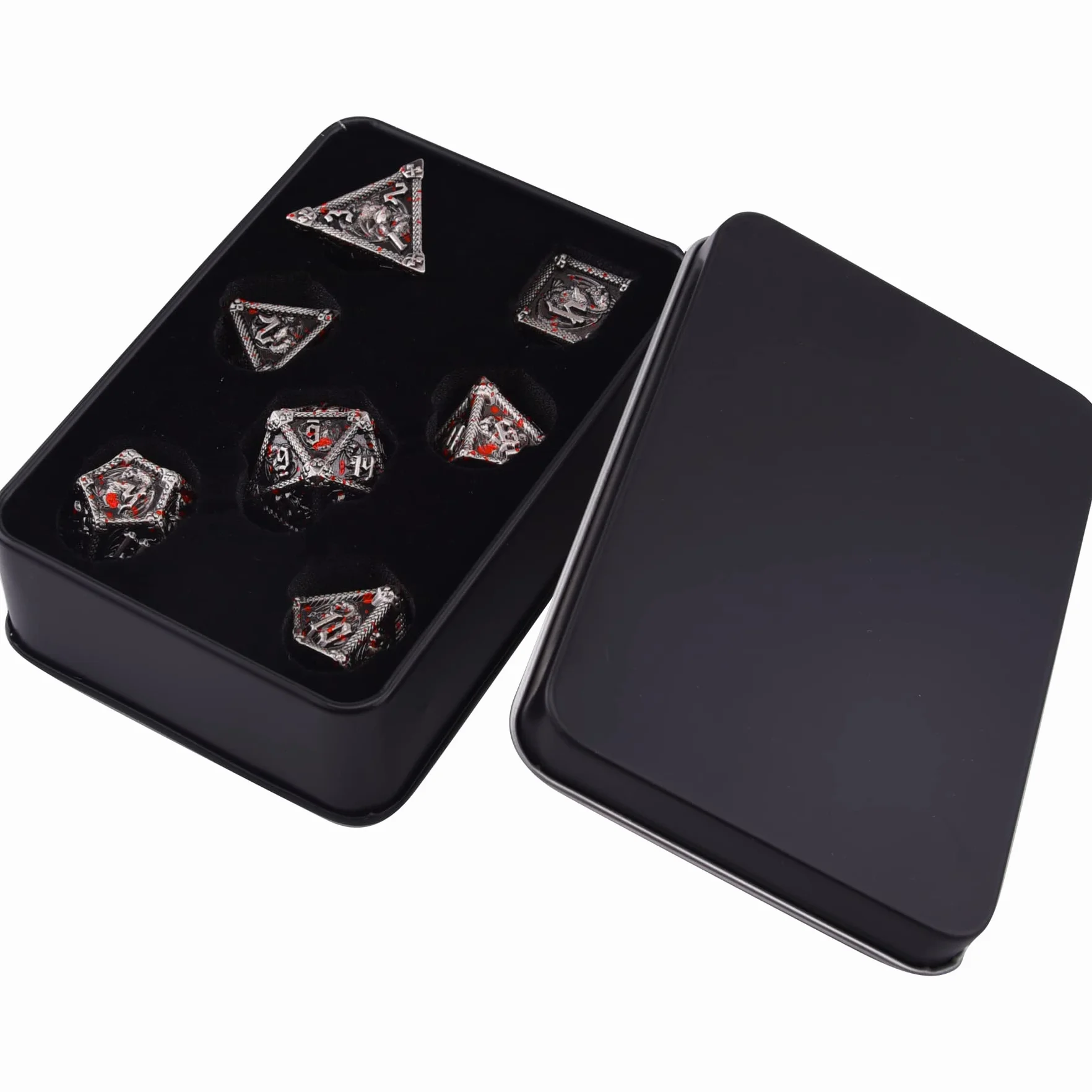 SIQUK 7-matrycowe metalowe kości do kości wielościennych DND z pudełkiem D20, D12, D10, D%, D8, D6, D4, zestaw do gry w lochy i smoki, RPG, MTG, gry planszowe (antyczne żelazo z rozpryskami krwi)