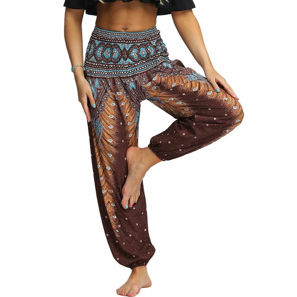 Nuofengkudu Damskie spodnie haremki hippie z kieszeniami spodnie do jogi