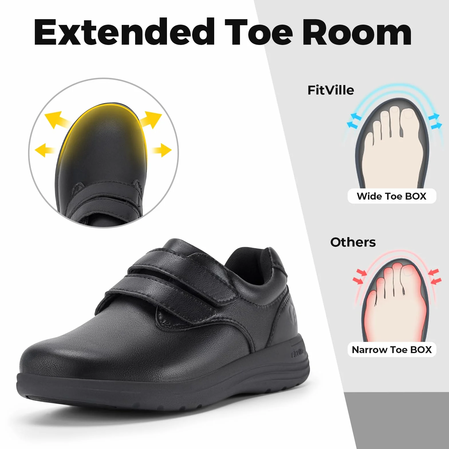 FitVille Diabetic Shoes Damskie bardzo szerokie skórzane kapcie ortopedyczne z regulacją na rzepy Wygodne eleganckie buty do chodzenia dla opuchniętych stóp