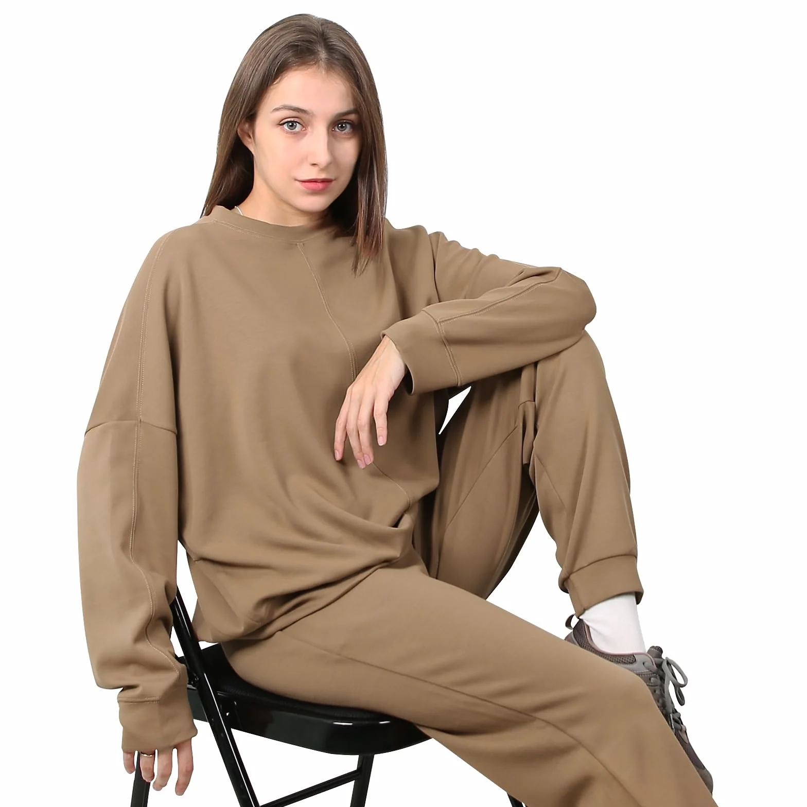 Damski dres treningowy z okrągłym dekoltem, dres do biegania z długimi rękawami, jednokolorowy, miękki, dwuczęściowy zestaw odzieży sportowej