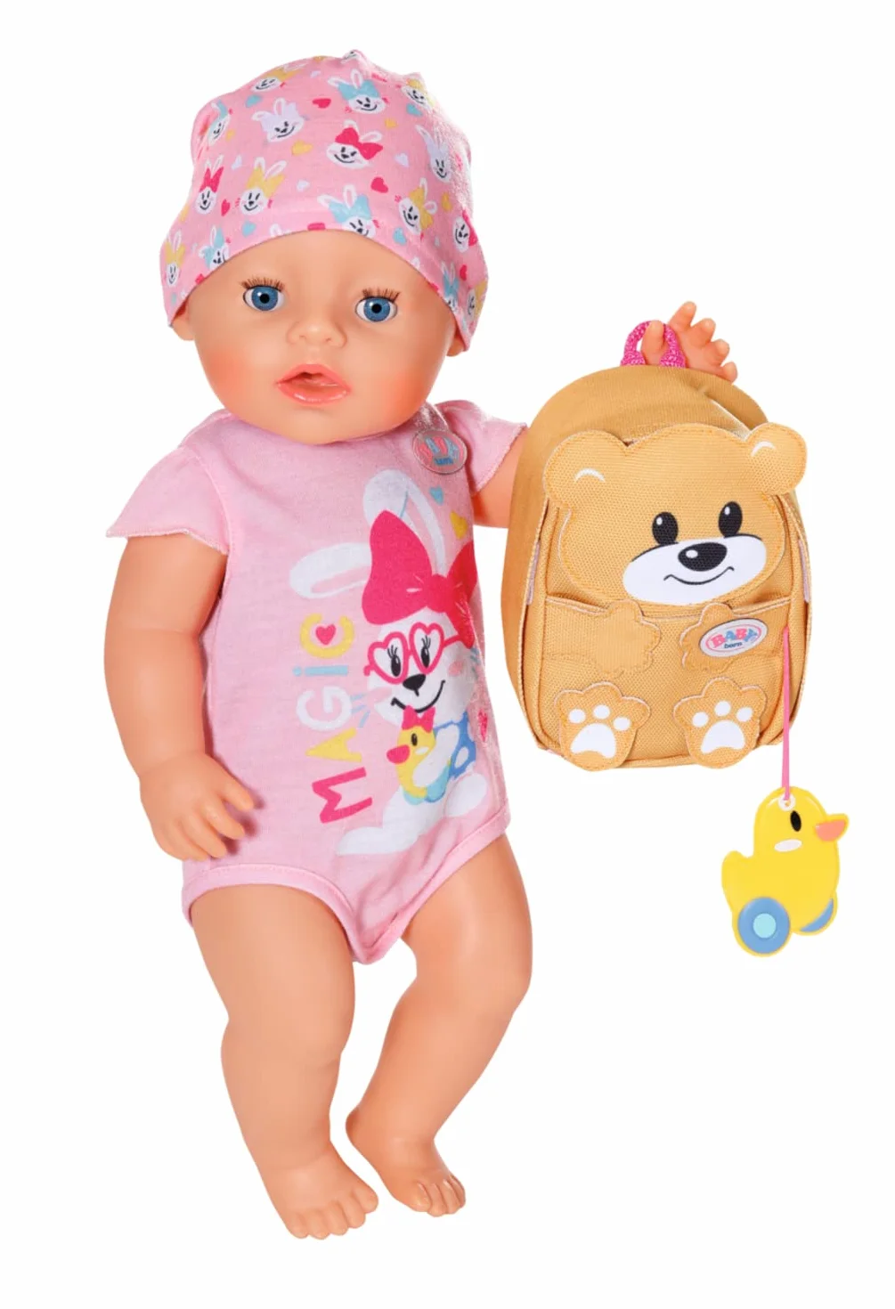 BABY born Zapf Creation 834961 plecak przedszkolny, zestaw 36 cm, żółty plecak dla lalek w kształcie misia, z pudełkiem na lunch i butelką do picia