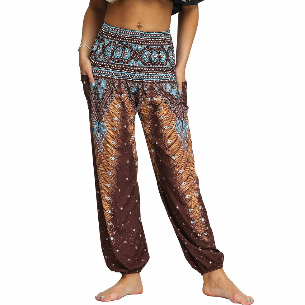 Nuofengkudu Damskie spodnie haremki hippie z kieszeniami spodnie do jogi