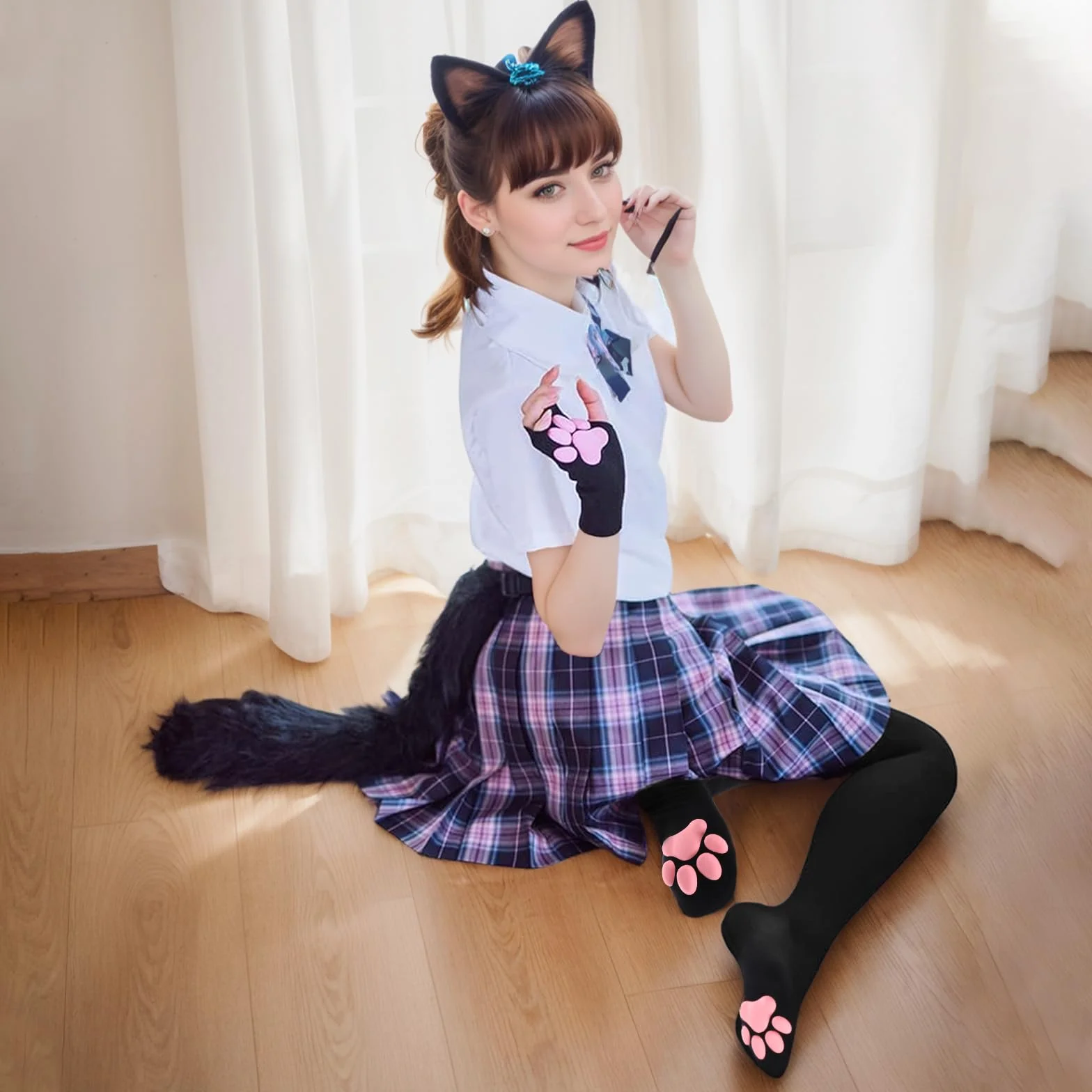 Lusofie Skarpety z łapą kota dla kobiet urocze wysokie skarpety do ud Kawaii miękkie 3D skarpety z łapą kota do kostek skarpety do kolan do cosplayu na Halloween, Czarny, Medium-Large