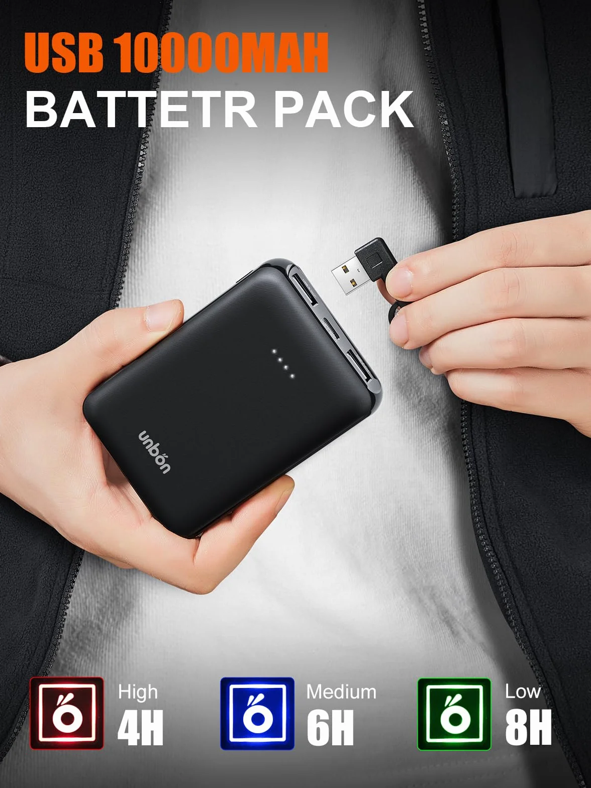 UNBON Ogrzewana kamizelka z polaru, kamizelka grzewcza dla mężczyzn, z powerbankiem 10000 mAh, USB, podgrzewana kamizelka z 3 temperaturami, 6 stref grzewczych