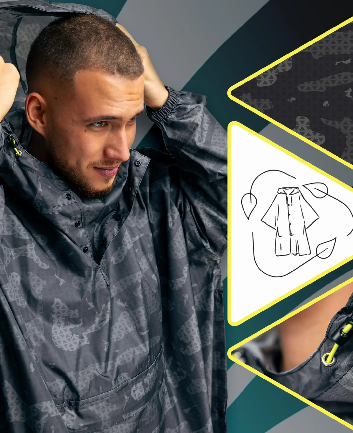 Jubi® Ponczo przeciwdeszczowe męskie ze 100% poliestru z recyklingu – szare, trwałe, lekkie i wodoodporne, szary, Rozmiar uniwersalny