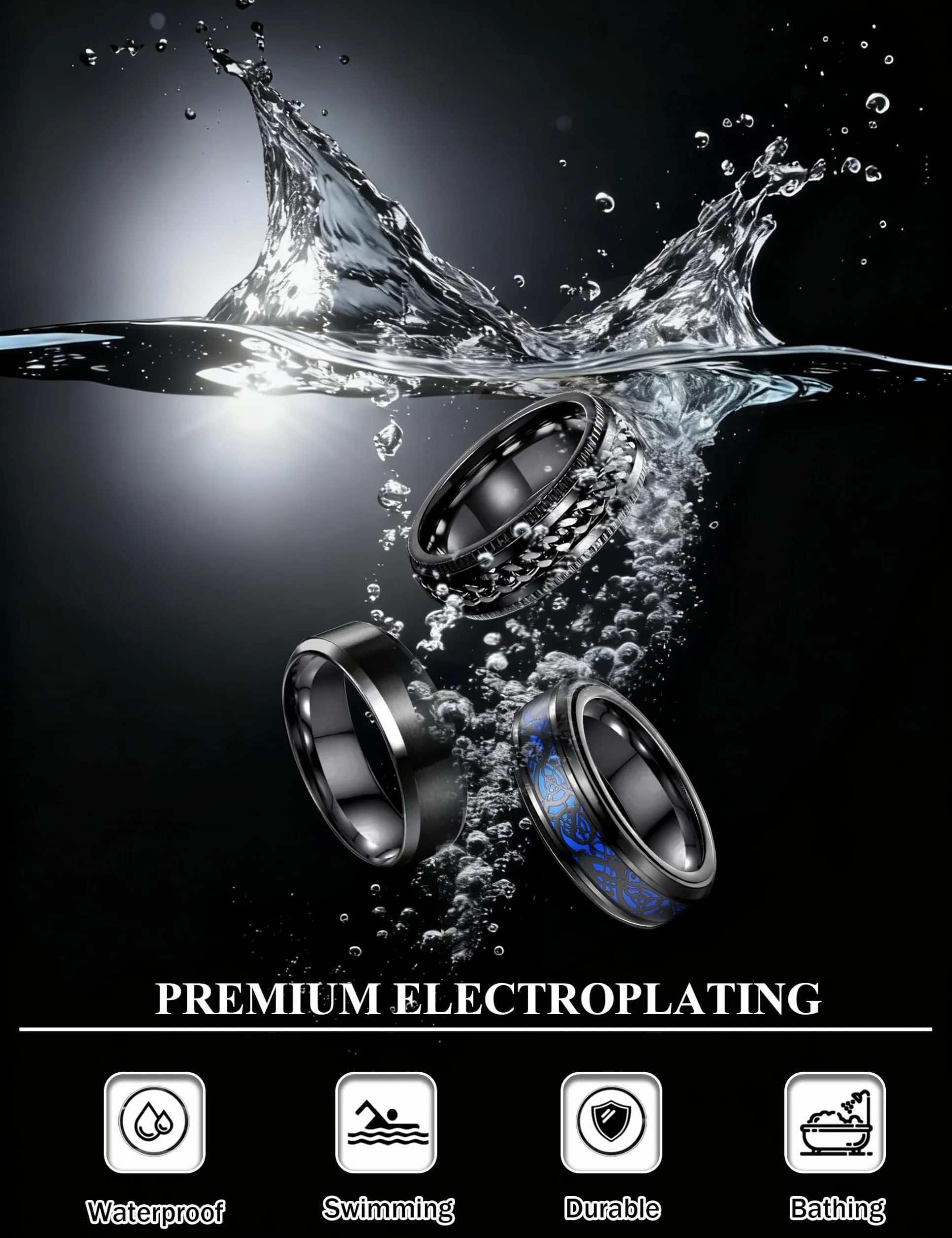 MILACOLATO 3 pierścienie Fidget dla mężczyzn ze stali nierdzewnej, obrotowy, czarny, skręcony łańcuszek, celtycki, smok, pierścień, otwieracz do butelek, pierścienie, szeroki pierścień, 8 mm