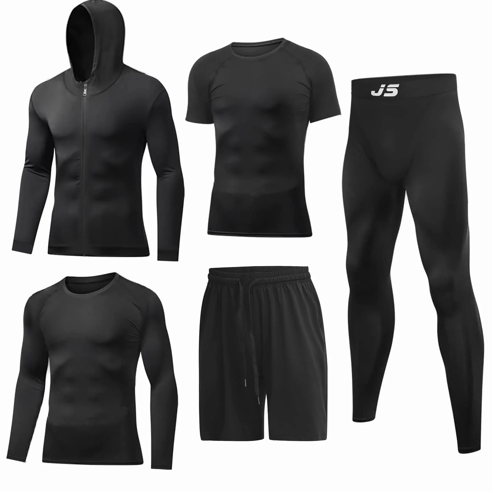 JULY'S SONG Odzież sportowa dla mężczyzn, kompresyjna, zestaw 5 sztuk, odzież fitness, dres treningowy, elastyczna odzież sportowa, na siłownię, do biegania, na zewnątrz