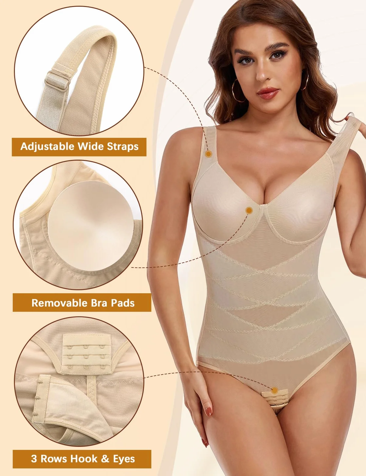 Yuson Girl Body modelujące damskie body modelujące sylwetkę z oddychającą siatką bielizna modelująca bezszwowa bielizna regulowane ramiączka i kontrola niewidzialny brzuch z biustonoszem