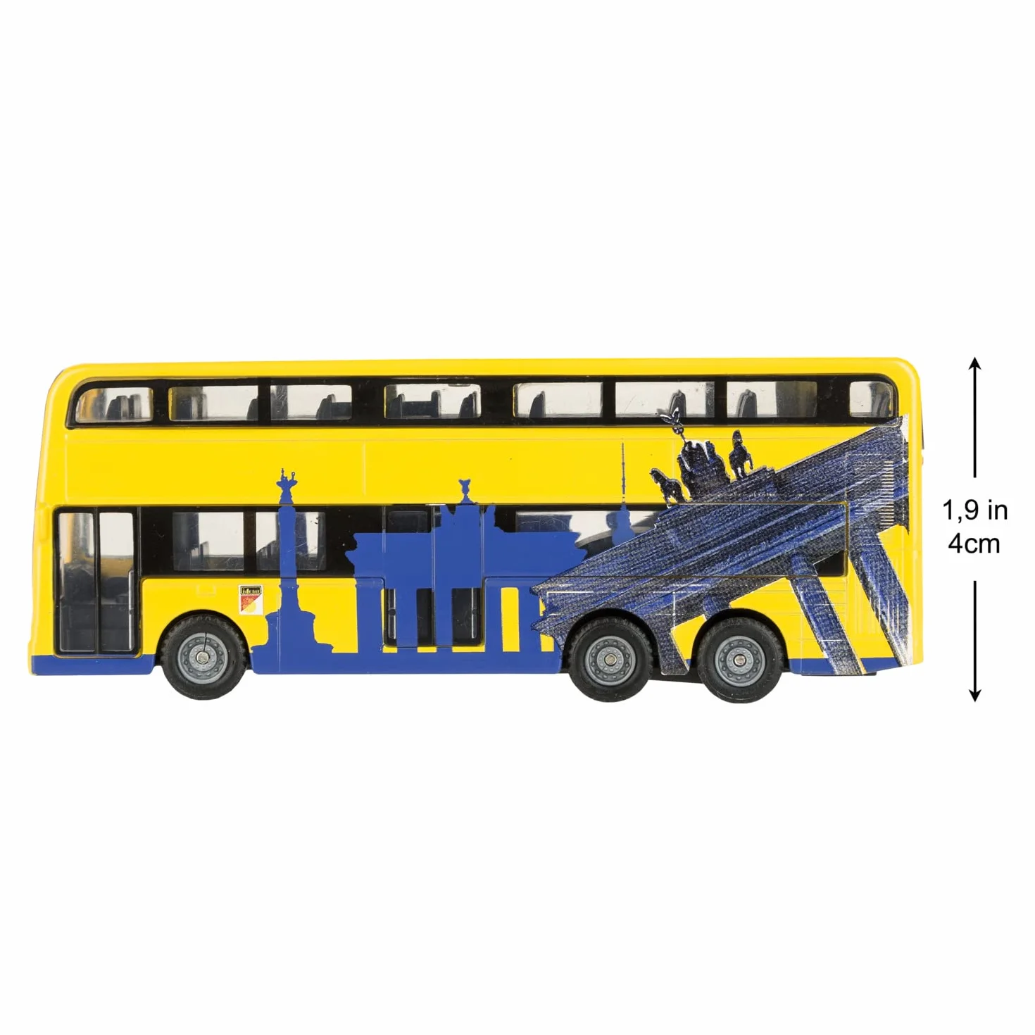 Idena 40107 - model autobusu berlińskiego dwupokładowego, z silnikiem cofania, ok. 18,5 x 13,5 x 4,5 cm, żółty, jako zabawka, typowy pamiątka lub popularny przedmiot kolekcjonerski