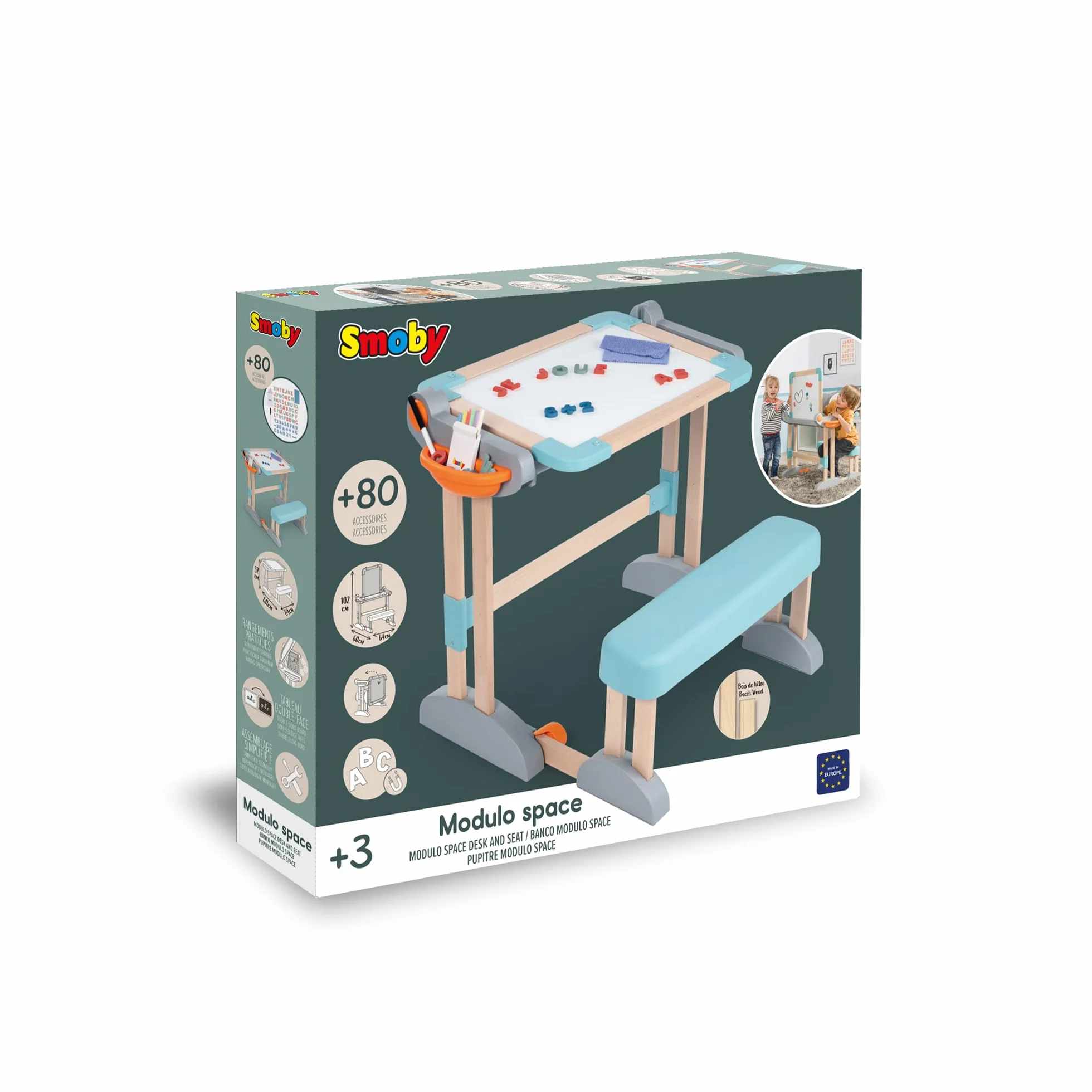Smoby - Biurko Modulo Space - Możliwość przekształcenia w dwustronną tablicę - Drewno i plastik - Składane i kompaktowe - W zestawie 80 akcesoriów - Od 3 lat