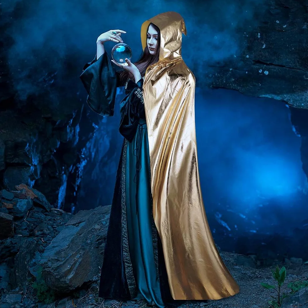 Aomig Peleryna z kapturem dla dorosłych, długa peleryna z kapturem, akcesoria dla czarownic, tajemniczy dodatek cosplay, bajkowy magik, kostium na Halloween, 150 cm, materiał do stemplowania
