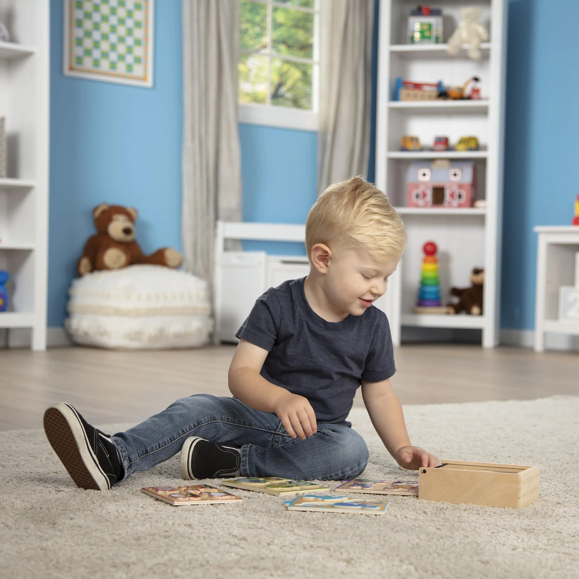 Melissa & Doug – zestaw drewnianych miniukładanek ze zwierzętami (cztery czteroelementowe układanki i pudełko do przechowywania)