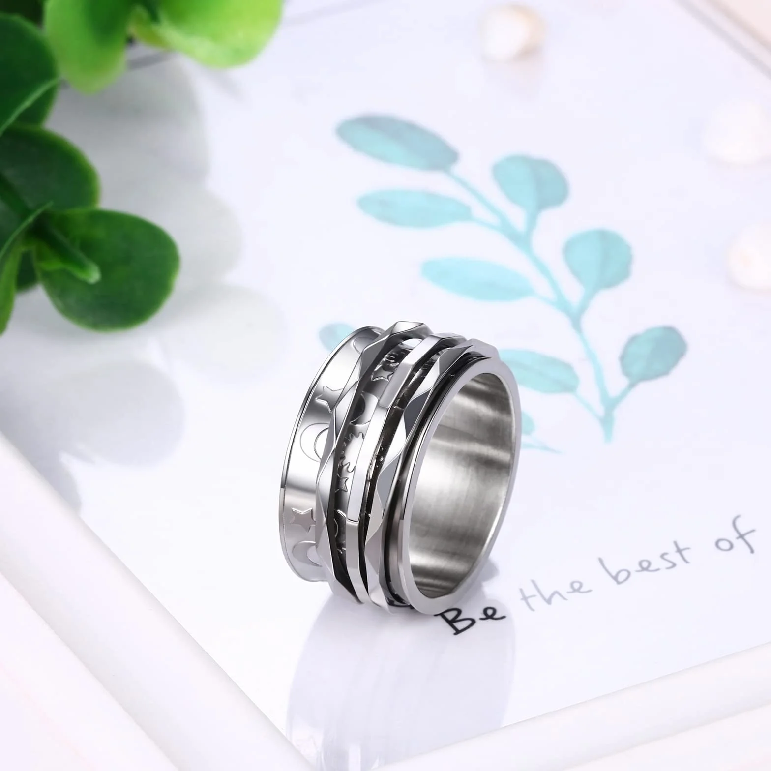 JewelryWe Retro Fidget Spinner Pierścień Damski Wzór Księżyca i Gwiazdy Obrotowy Przeciwlękowy Pierścień Ze Stali Nierdzewnej