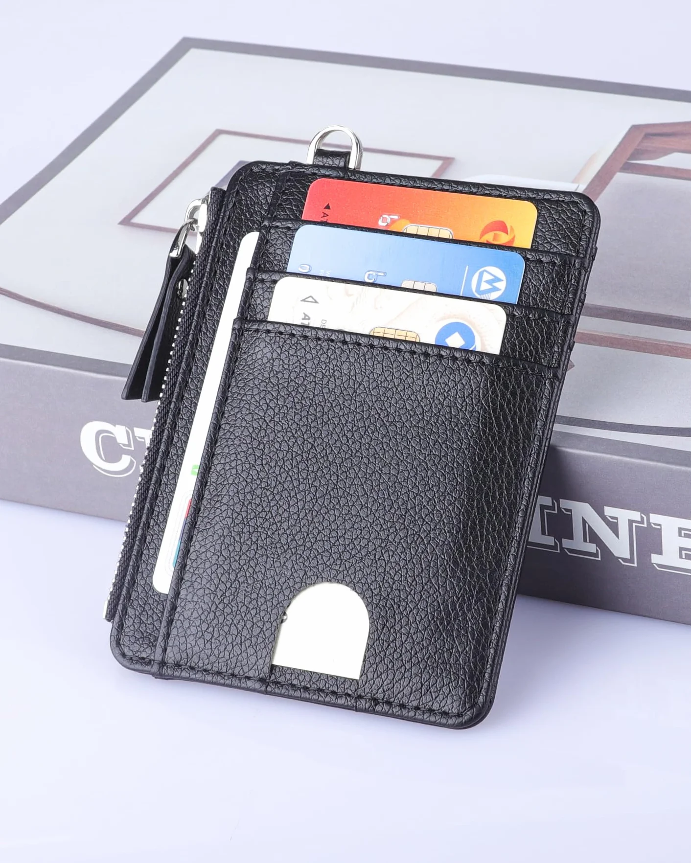 Teskyer Etui na karty, smukłe portfele na karty kredytowe, minimalistyczny, blokada RFID, 1 okienko na dowód osobisty, z zamkiem błyskawicznym, smycz, pomieści do 8 kart, Czarny, Slim (11.7 x 8.1 x 1