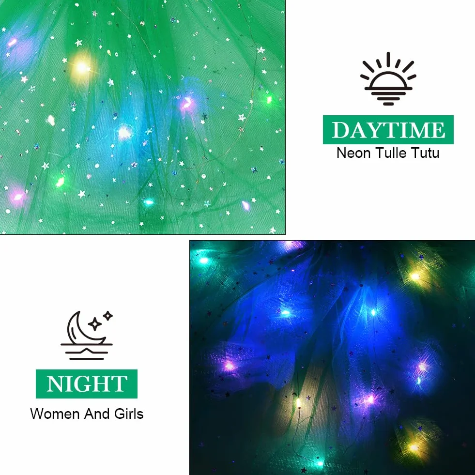 Spódnica tutu, LED, dla dorosłych, nastolatek, na bal przebierańców, karnawał, imprezę tematyczną, balet, kostium na Halloween, 40 cm, zielona, 40