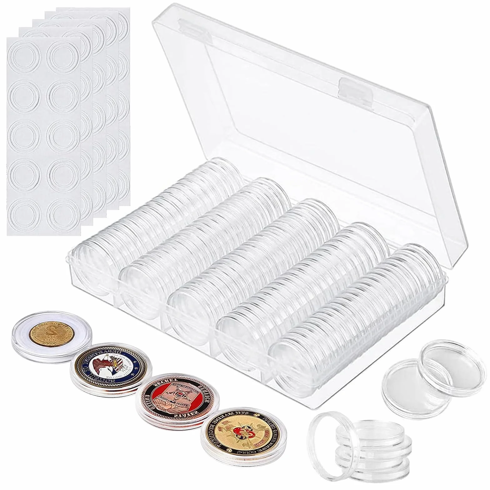 Kapsułki na monety, 100 sztuk, 30 mm, przezroczyste kapsułki z pudełkiem do przechowywania, etui na monety, uszczelka, uchwyt na monety w 5 rozmiarach, miękkie pierścienie piankowe Protect (17/20/25