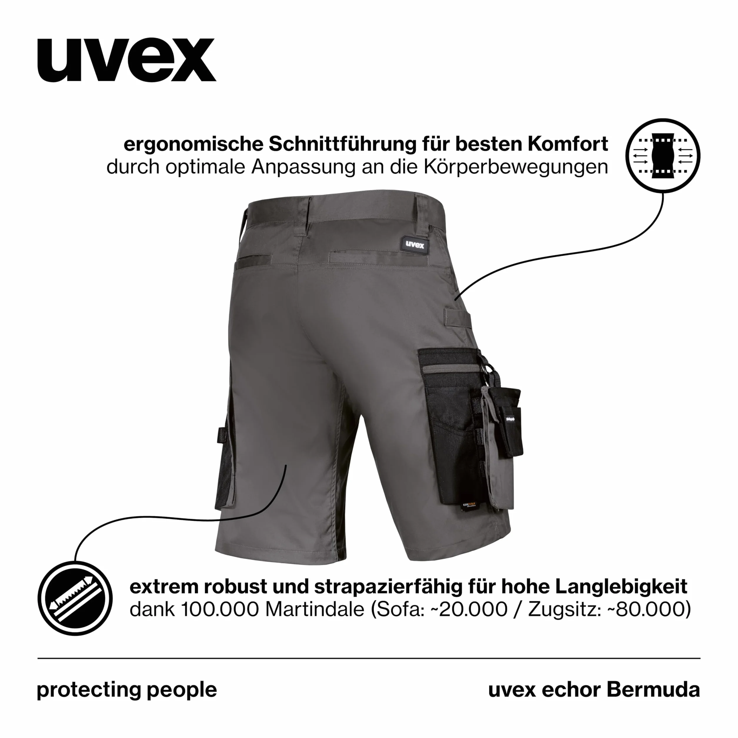 uvex echor Bermudy – krótkie spodnie robocze premium – męskie spodnie cargo – elastyczny ściągacz, lekkie, elastyczne i dużo miejsca do przechowywania