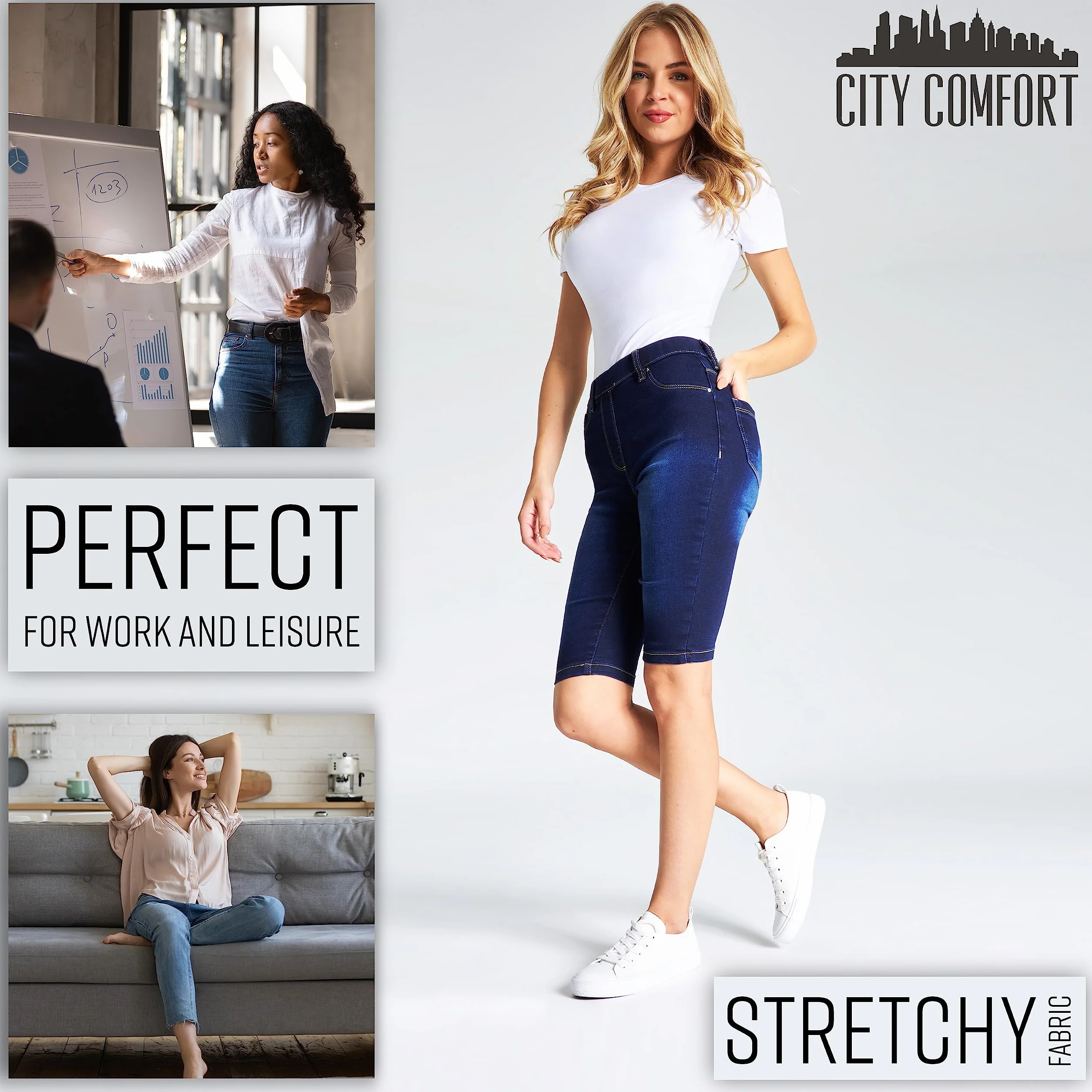 CityComfort Szorty Damskie nastolatki Letnie spodenki jeansowe Jegging dla kobiet Spodenki do kolan Wakacyjny, 8-20 Elastyczne spodenki do kolan z wysokim stanem Elastyczny pas (ciemnoniebieski, 16)