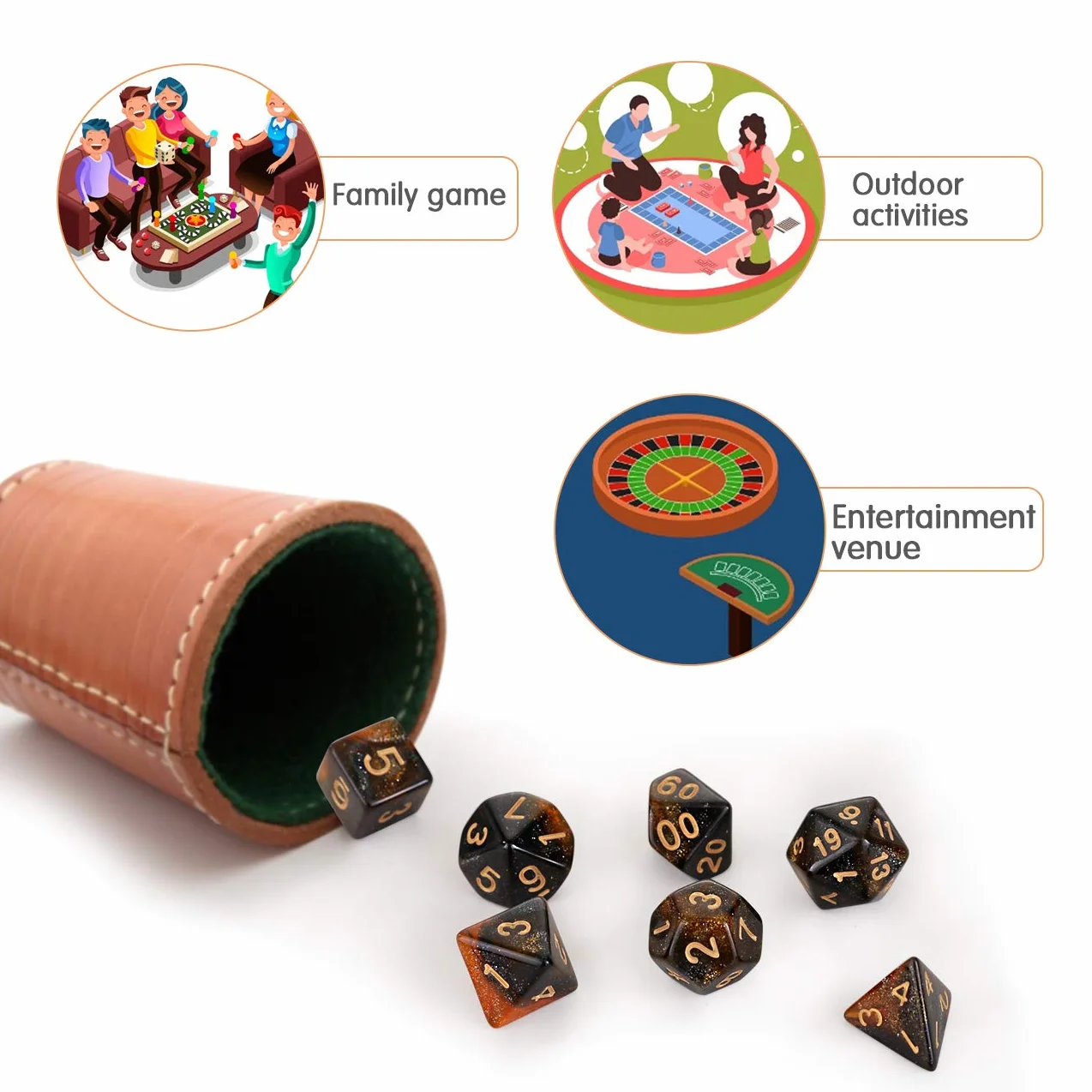 GWHOLE Zestaw kości DND, GWHOLE 6 × 7 (42 szt.) Brokatowe kości wielościenne z flanelowymi torbami Dungeons and Dragons Dice do DND RPG MTG Pathfinder gry stołowe, D4 D6 D8 D10 D12 D20