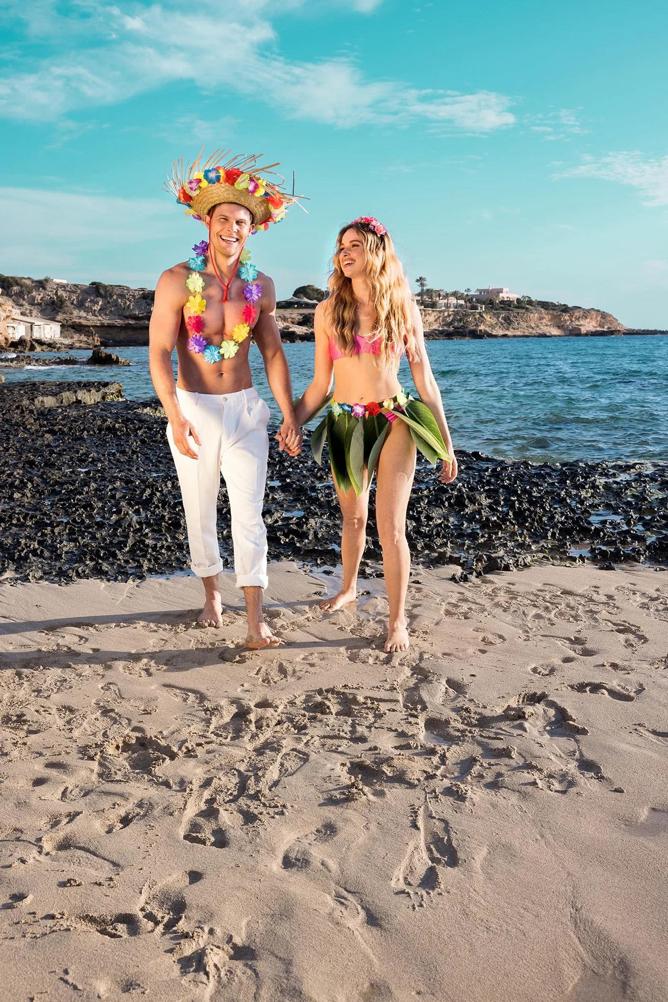 Boland 52245 – Hawaii Rock liście palmowe, minispódniczka ze sztucznymi liśćmi i kolorowymi sztucznymi kwiatami, na plażę, letnie święta, karnawał, imprezę tematyczną, Hula Hula