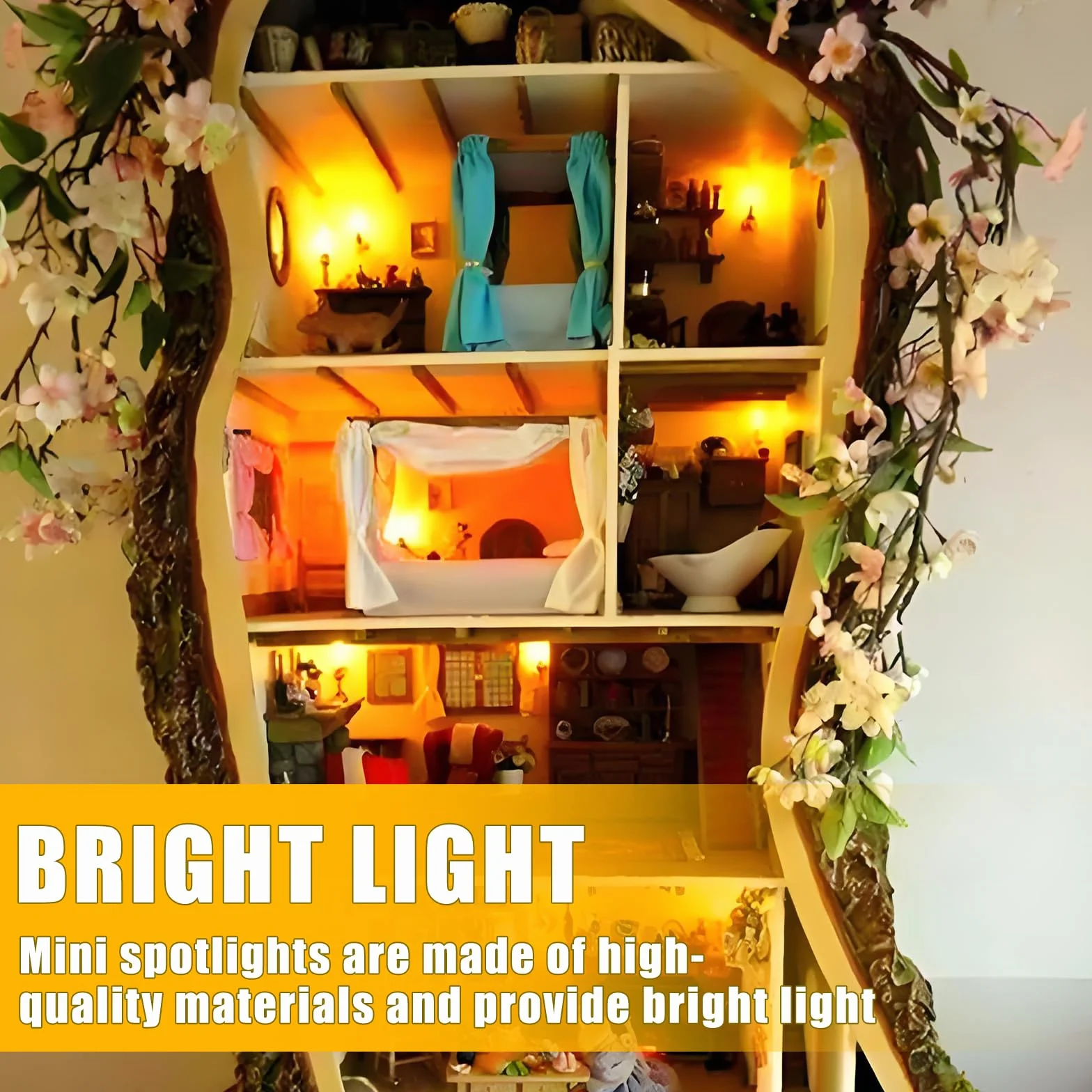 Joycabin Miniaturowe lampy LED do domków dla lalek, 3 V, 1 W, mini reflektor LED z uchwytem na baterie AA, miniaturowe akcesoria, miniaturowe światła LED do witryn, mikrodomków, dekoracja domku