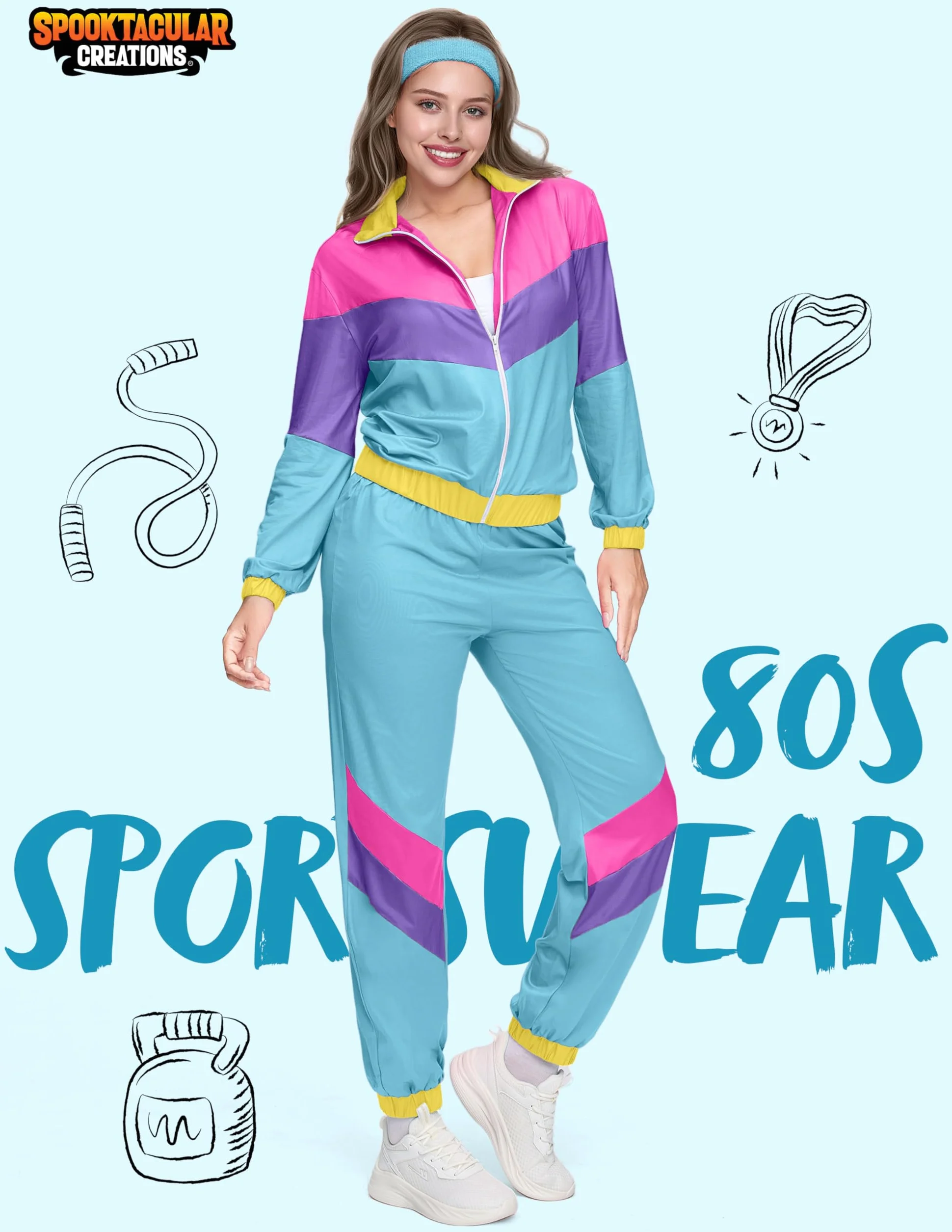 Spooktacular Creations Damski kostium treningowy w stylu lat 80., dla dorosłych, na Halloween, lata 70., odzież sportowa, strój na Halloween, imprezę kostiumową