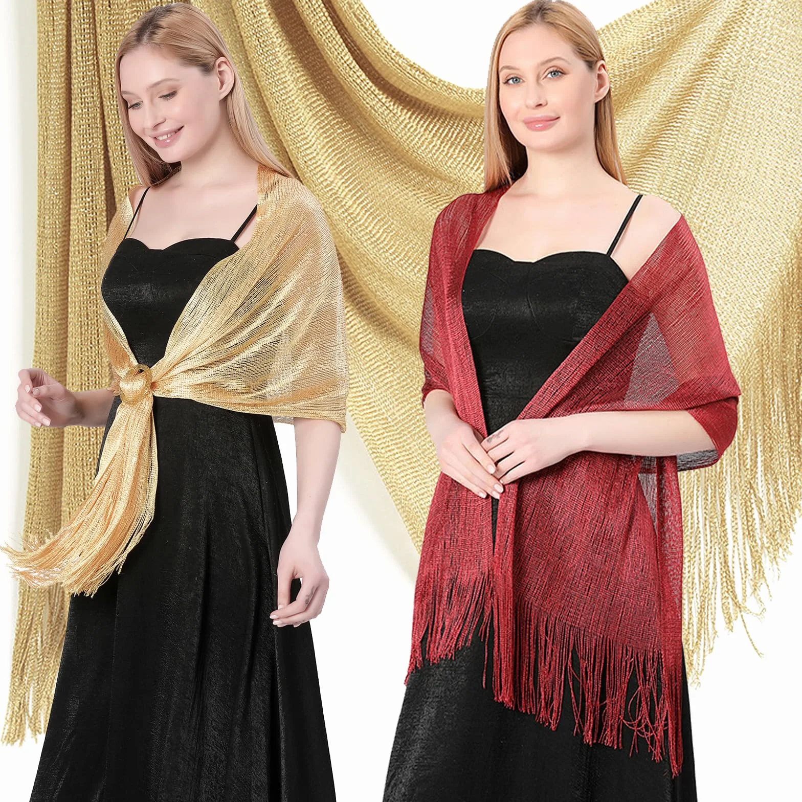 JSTHHTT 2-częściowy szal damski elegancki szal srebrny koc z frędzlami vintage metaliczny szal stuła błyszczący damski na wesele, wesele, przyjęcie dla panny młodej