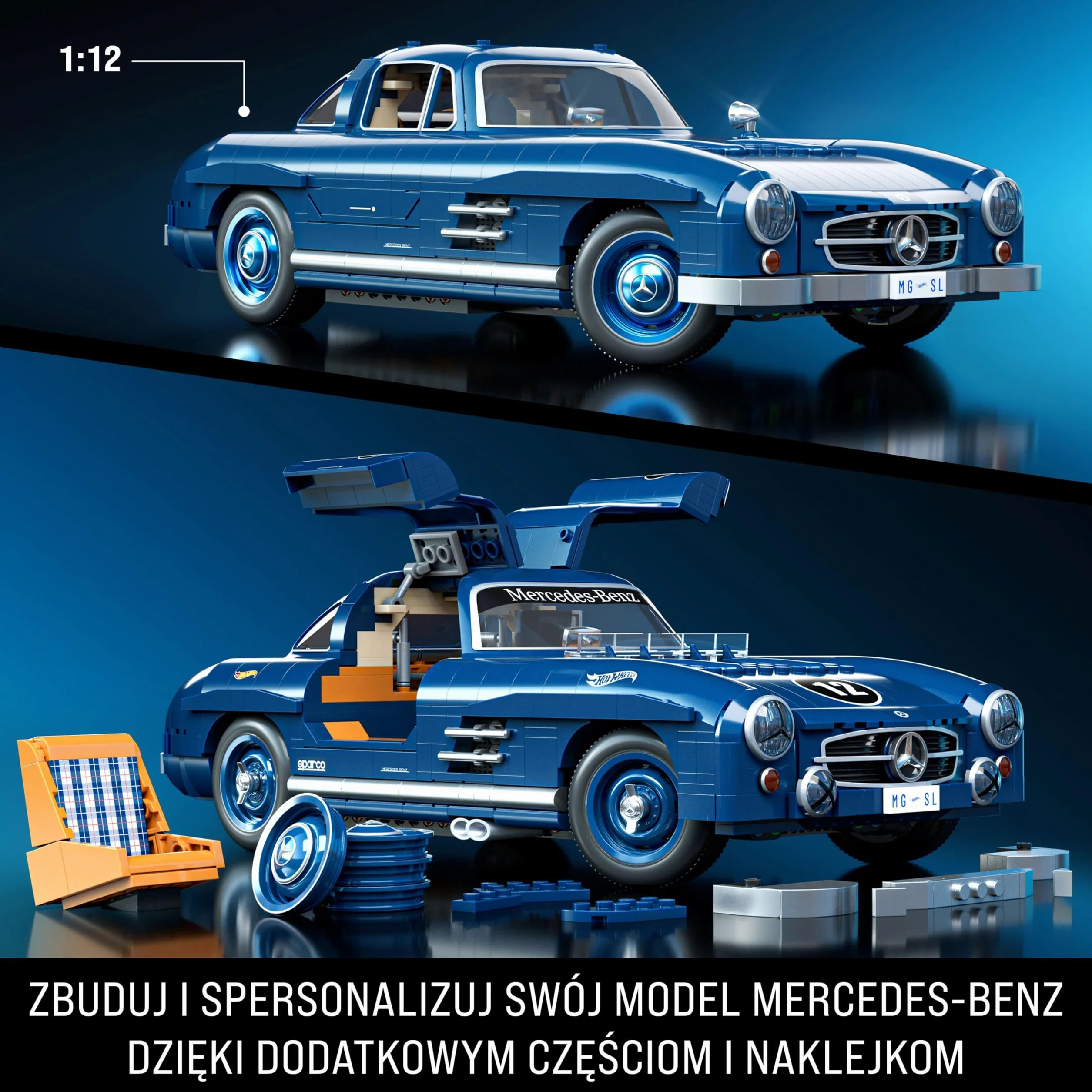 Hot Wheels Mercedes-Benz 300 SL Samochód kolekcjonerski do zbudowania z klocków w skali 1:12 (1600 elementów) i metalowy minimodel, kolekcjonerski zestaw prezentowy, HWW25