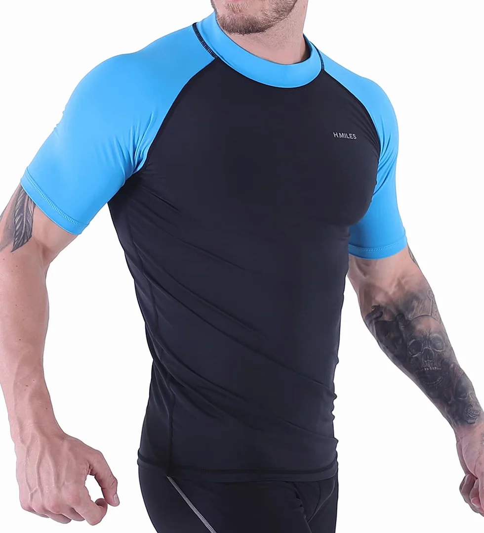 Koszulka męska Rashguard Rashguard z krótkim rękawem, czarna, do snorkelingu, pływania, surfowania, nurkowania, ochrona przed promieniowaniem UV, koszulka na plażę, z krótkim rękawem