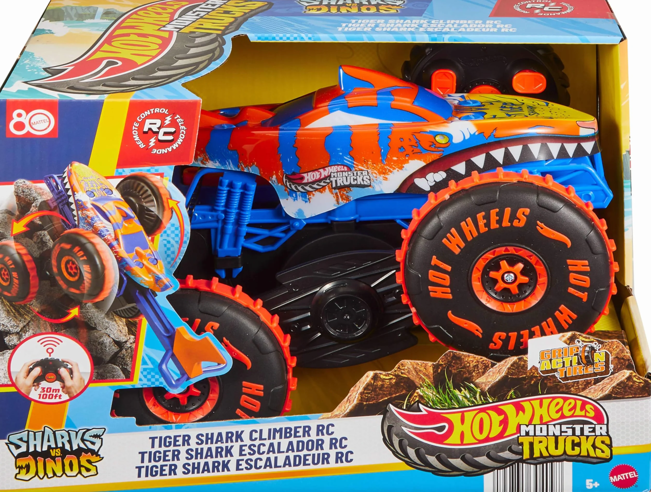 Hot Wheels Monster Trucks RC Tiger Shark Wspinacz Duży pojazd zdalnie sterowany z 3 trybami zabawy do wyścigów, wspinaczki i popisów kaskaderskich, zabawka rajdowa dla dzieci, JFR39