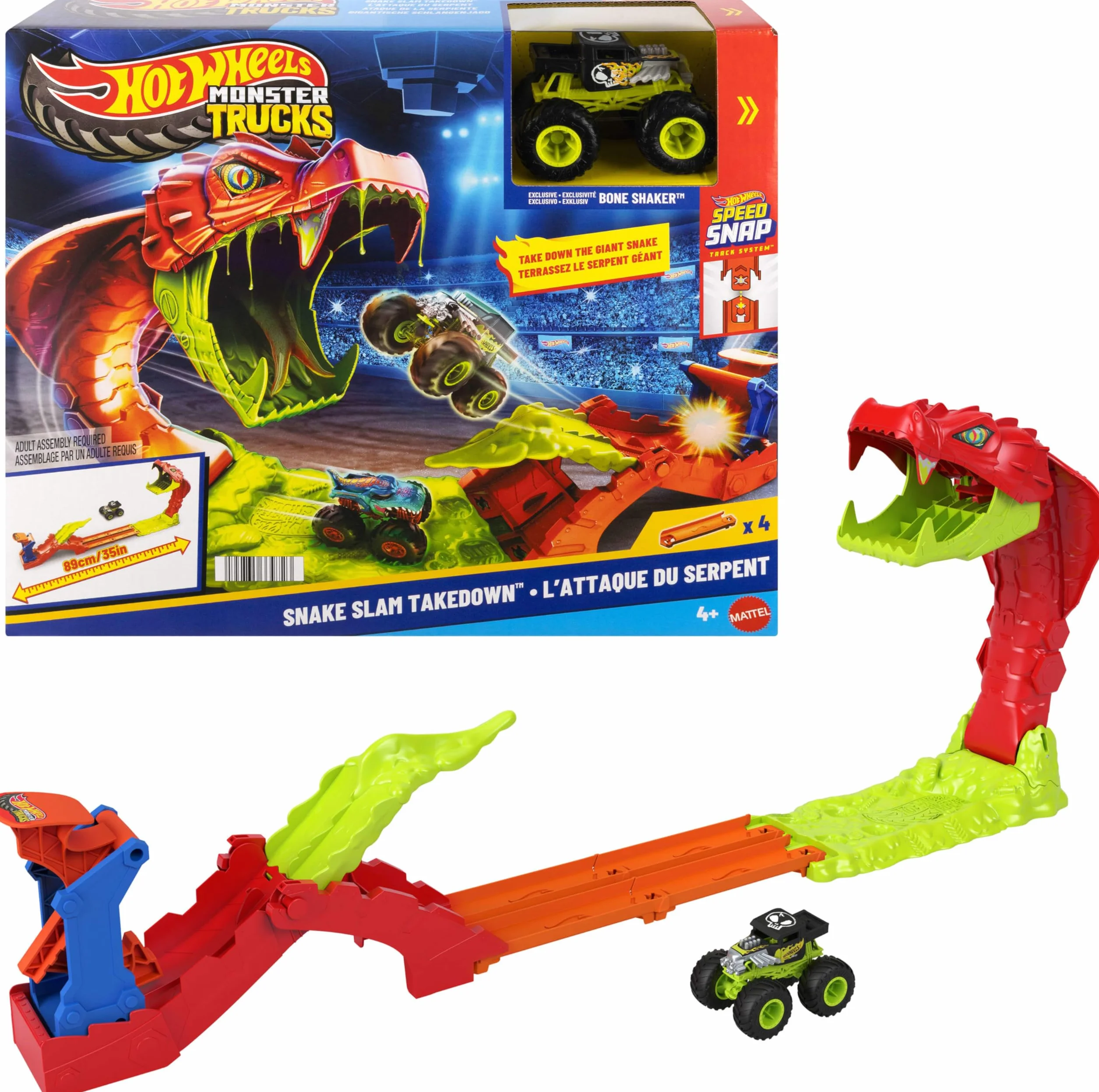 Hot Wheels Monster Trucks Mega skok – Nokaut węża Zestaw, pojazd zabawka auto Bone Shaker w skali 1:64, tor wyścigowy, zabawka dla dzieci 4+, JJN44
