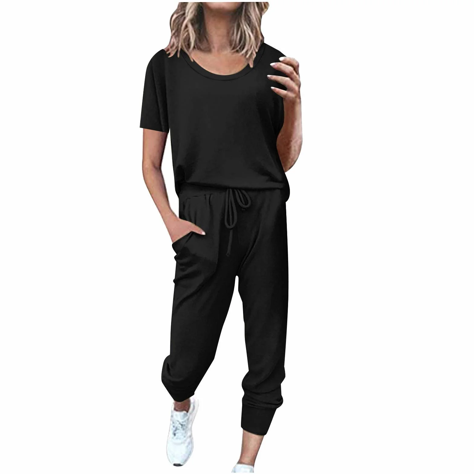 Dres do joggingu, damski, bawełna, dwuczęściowy, na lato, okrągły dekolt, krótki rękaw, koszulka ze ściągaczem, spodnie sportowe, modny, luźny dres treningowy do biegania i jogi