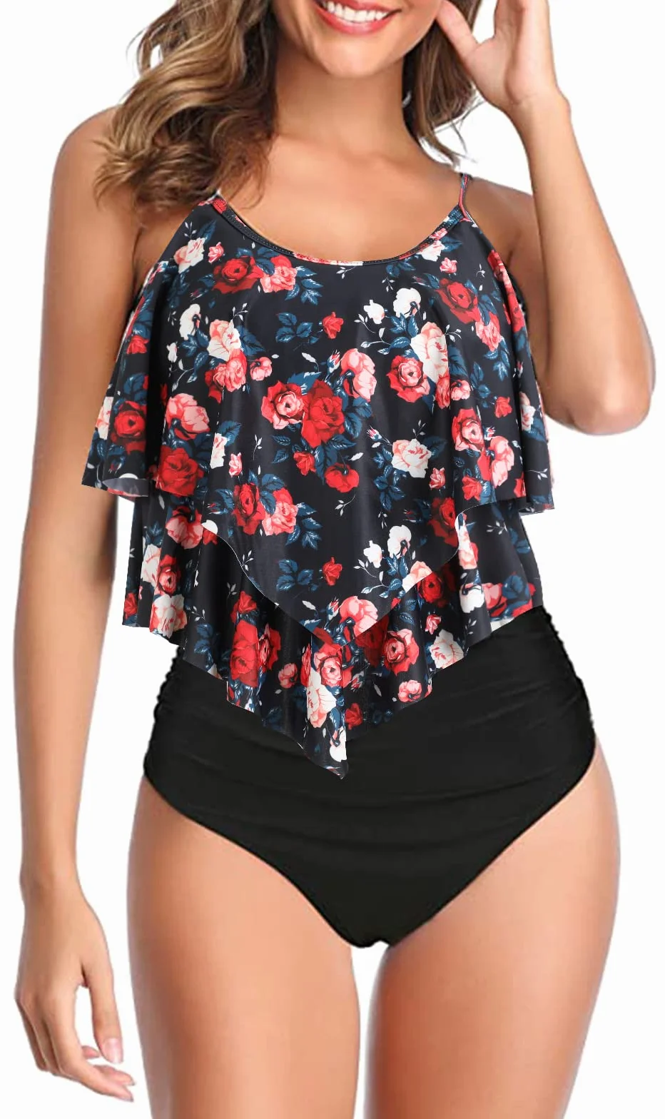 Genfien Damski dwuczęściowy strój kąpielowy z falbankami i wysokim stanem Push Up Bikini Vintage Bikini Set