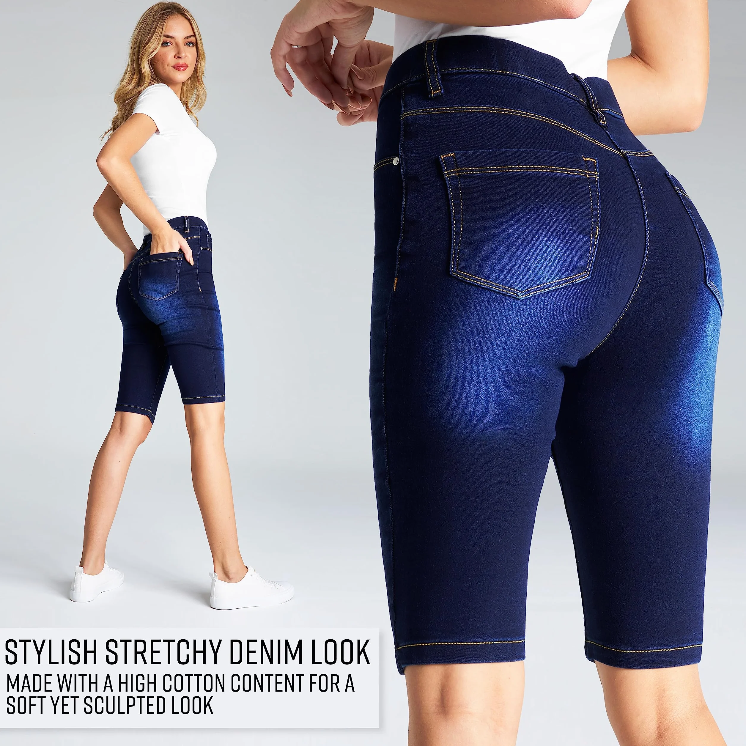 CityComfort Szorty Damskie nastolatki Letnie spodenki jeansowe Jegging dla kobiet Spodenki do kolan Wakacyjny, 8-20 Elastyczne spodenki do kolan z wysokim stanem Elastyczny pas (ciemnoniebieski, 16)