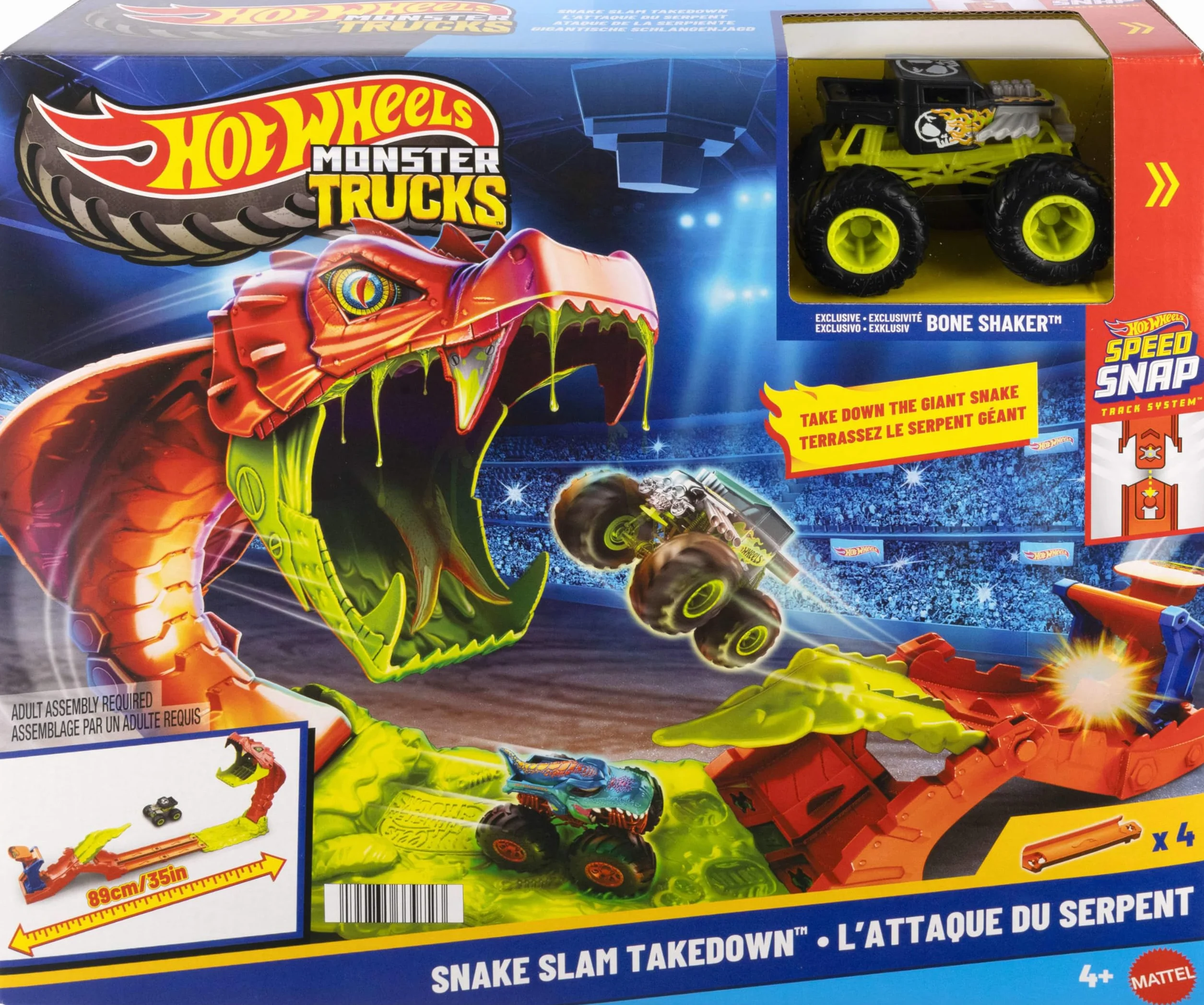 Hot Wheels Monster Trucks Mega skok – Nokaut węża Zestaw, pojazd zabawka auto Bone Shaker w skali 1:64, tor wyścigowy, zabawka dla dzieci 4+, JJN44