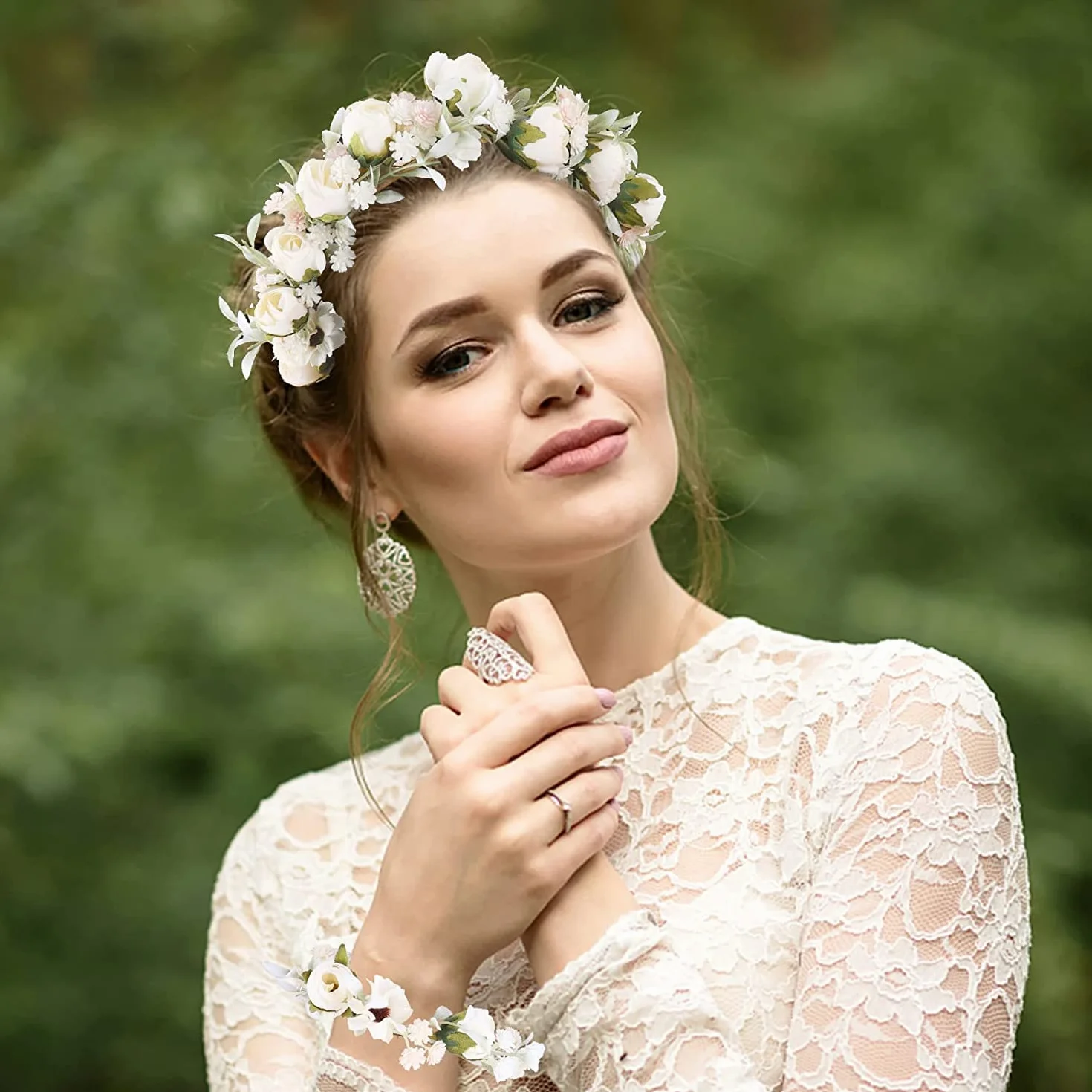 Ślubne kwiatowe girlanda dla panny młodej, damskie opaski, korona kwiatów, GuKKK różowa kwiatowa fryzura i zestaw bransoletek, regulowana opaska na imprezę festiwalową plażową Praca weselna (beżowy)